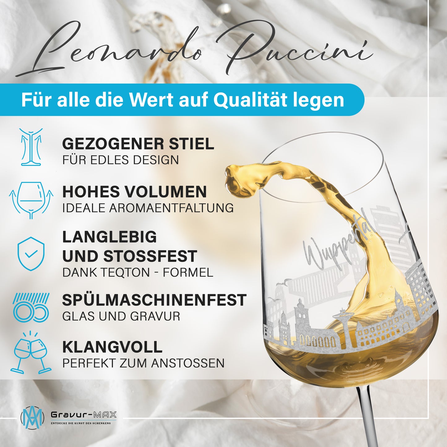 Weinglas mit Gravur Leonardo Puccini "SKYLINE WUPPERTAL" 2 Gläser optional mit Wunschname