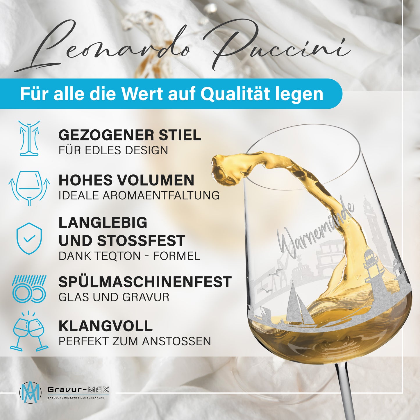 Weinglas mit Gravur Leonardo Puccini "SKYLINE WARNEMÜNDE" 2 Gläser optional mit Wunschname