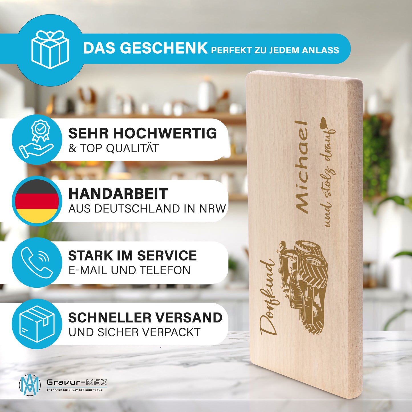 Frühstücksbrettchen mit Gravur "DORFKIND UND STOLZ DRAUF" mit Wunschname