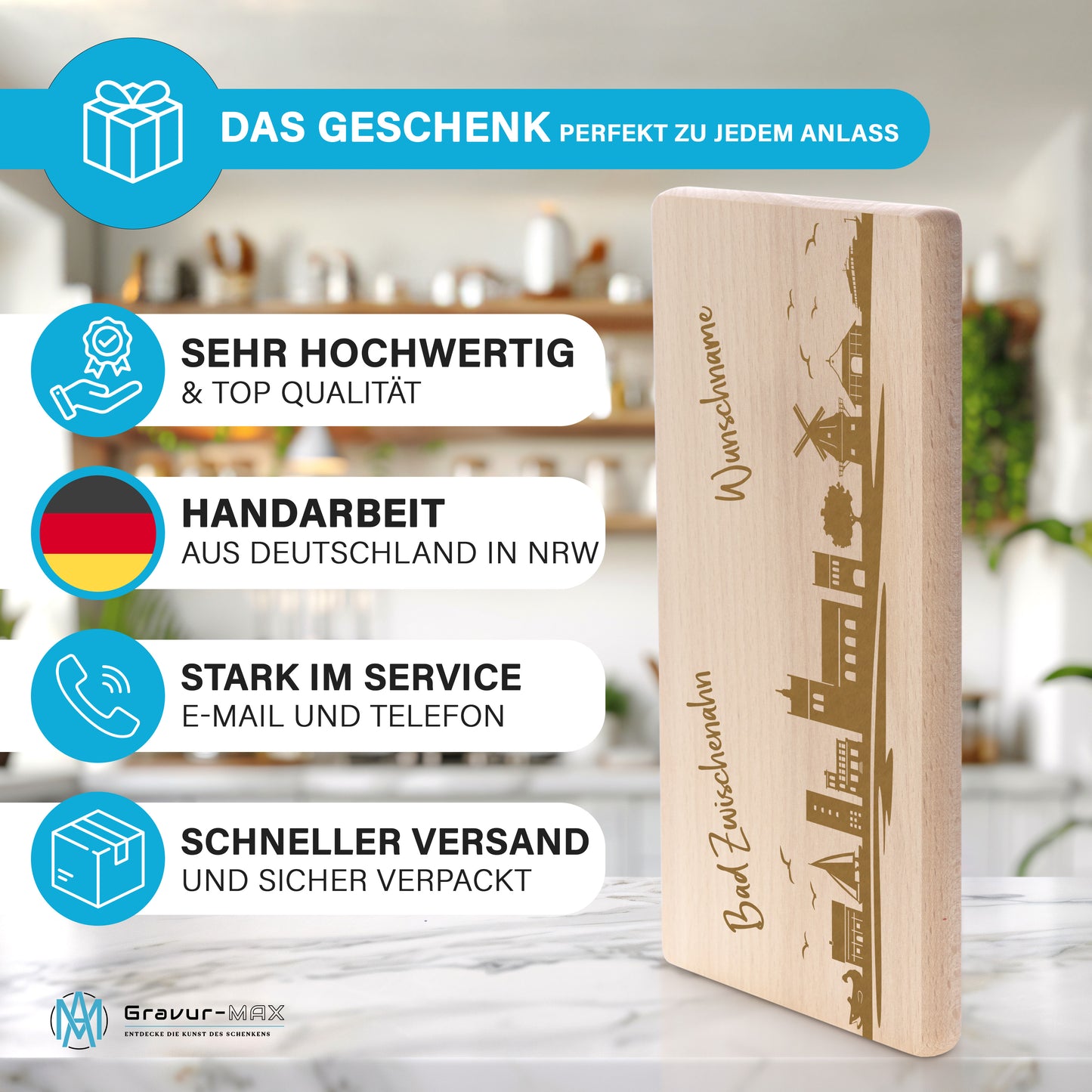 Frühstücksbrettchen 220x120mm mit Gravur mit der Skyline von Bad Zwischenahn personalisierbar mit Wunschname