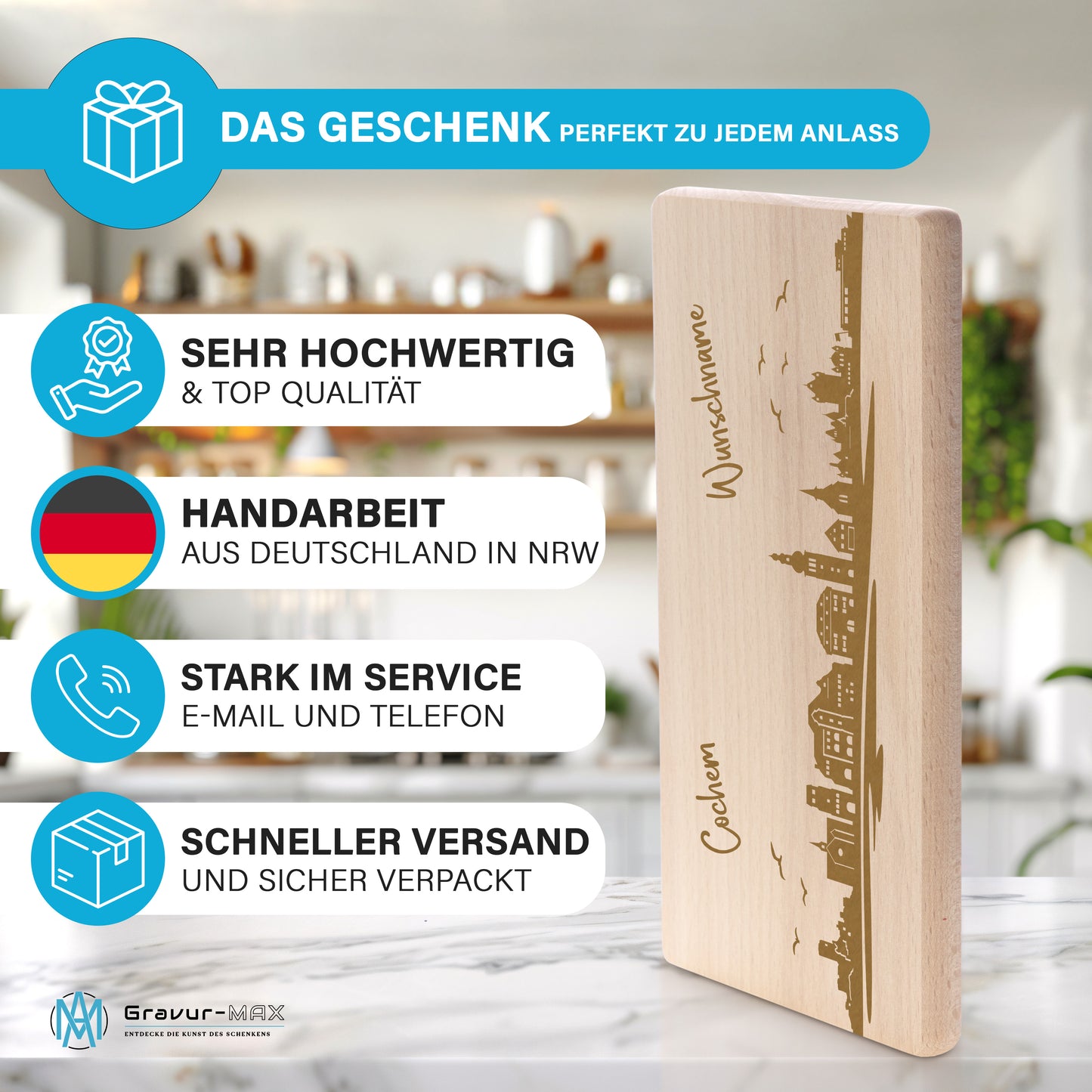 Frühstücksbrettchen 220x120mm mit Gravur mit der Skyline von Cochem personalisierbar mit Wunschname