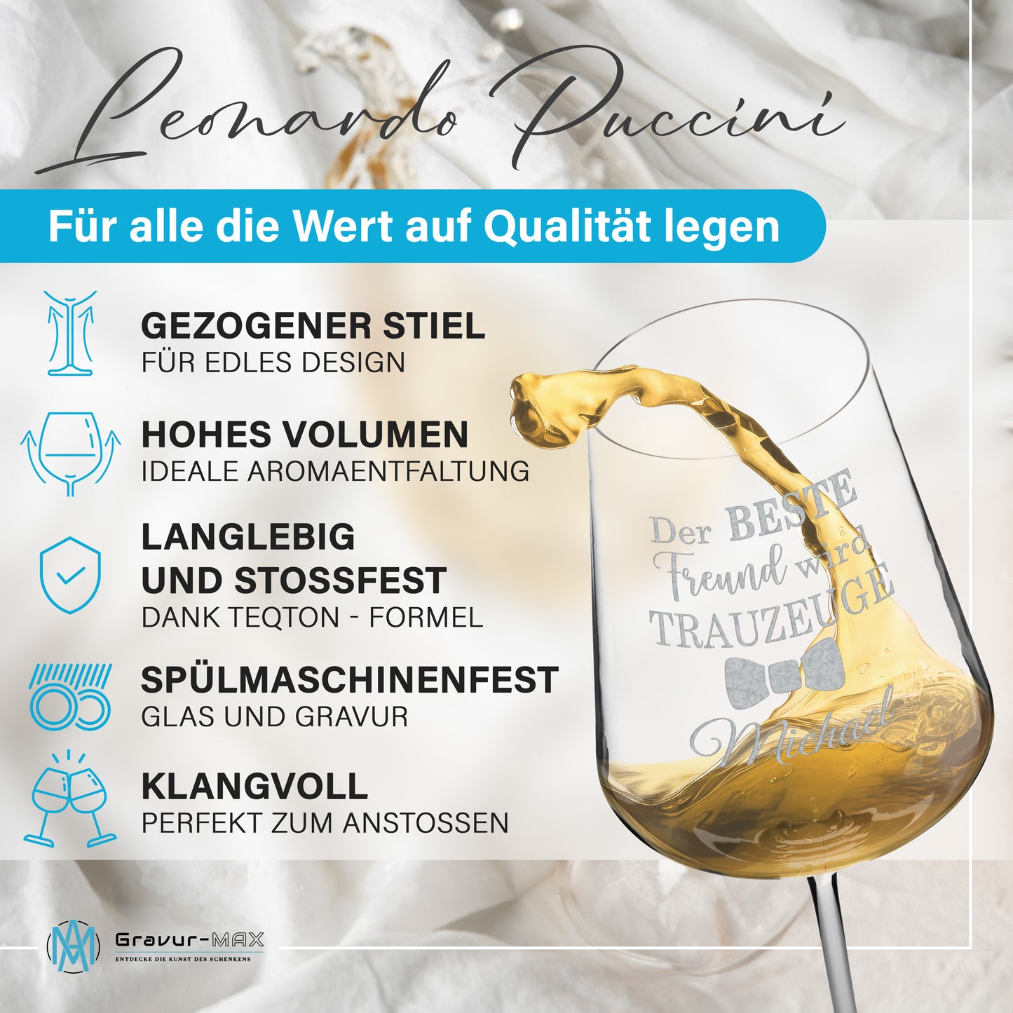 Weinglas mit Gravur Leonardo Puccini "DER BESTE FREUND WIRD TRAUZEUGE" mit Wunschname