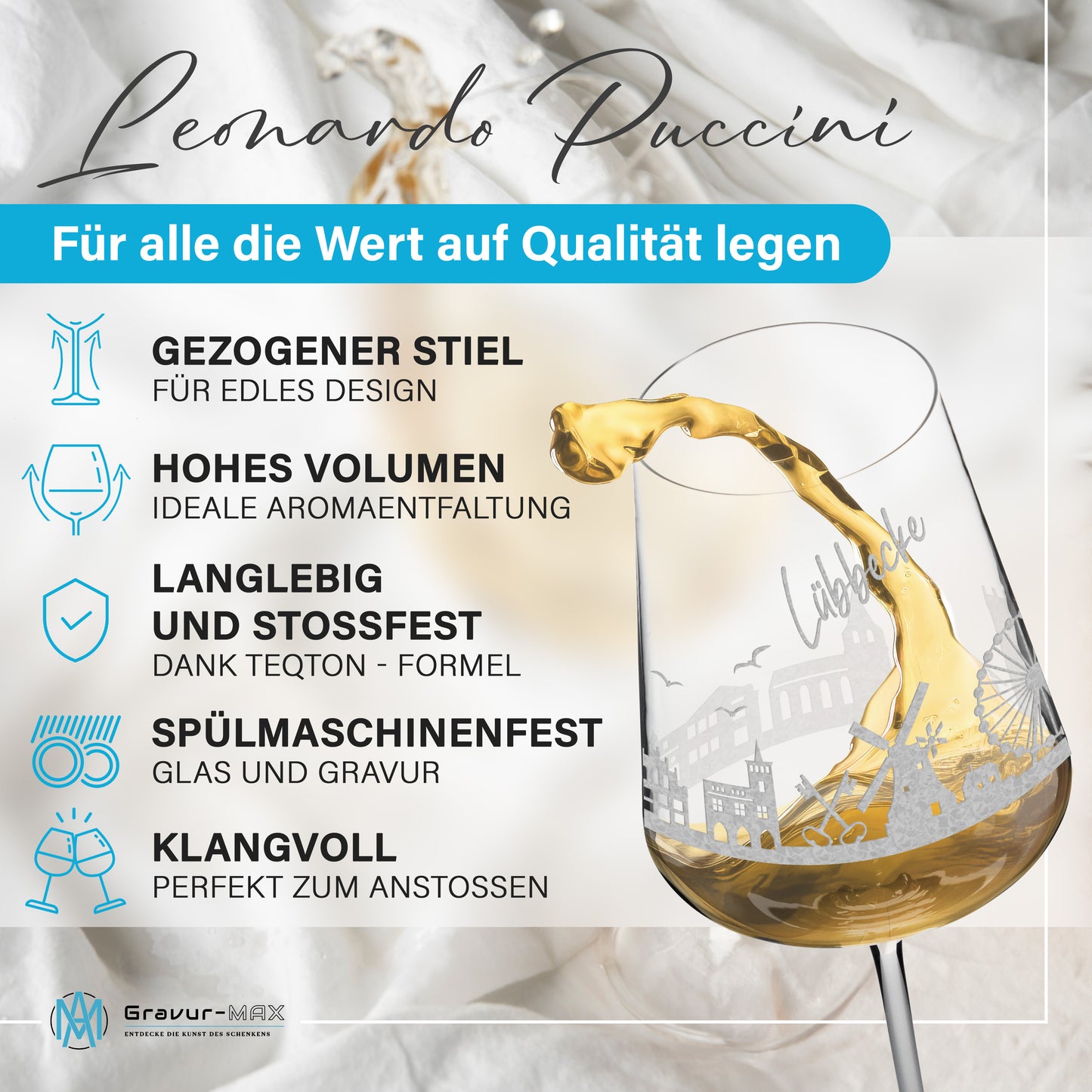 Weinglas mit Gravur Leonardo Puccini "SKYLINE LÜBBECKE" optional mit Wunschname