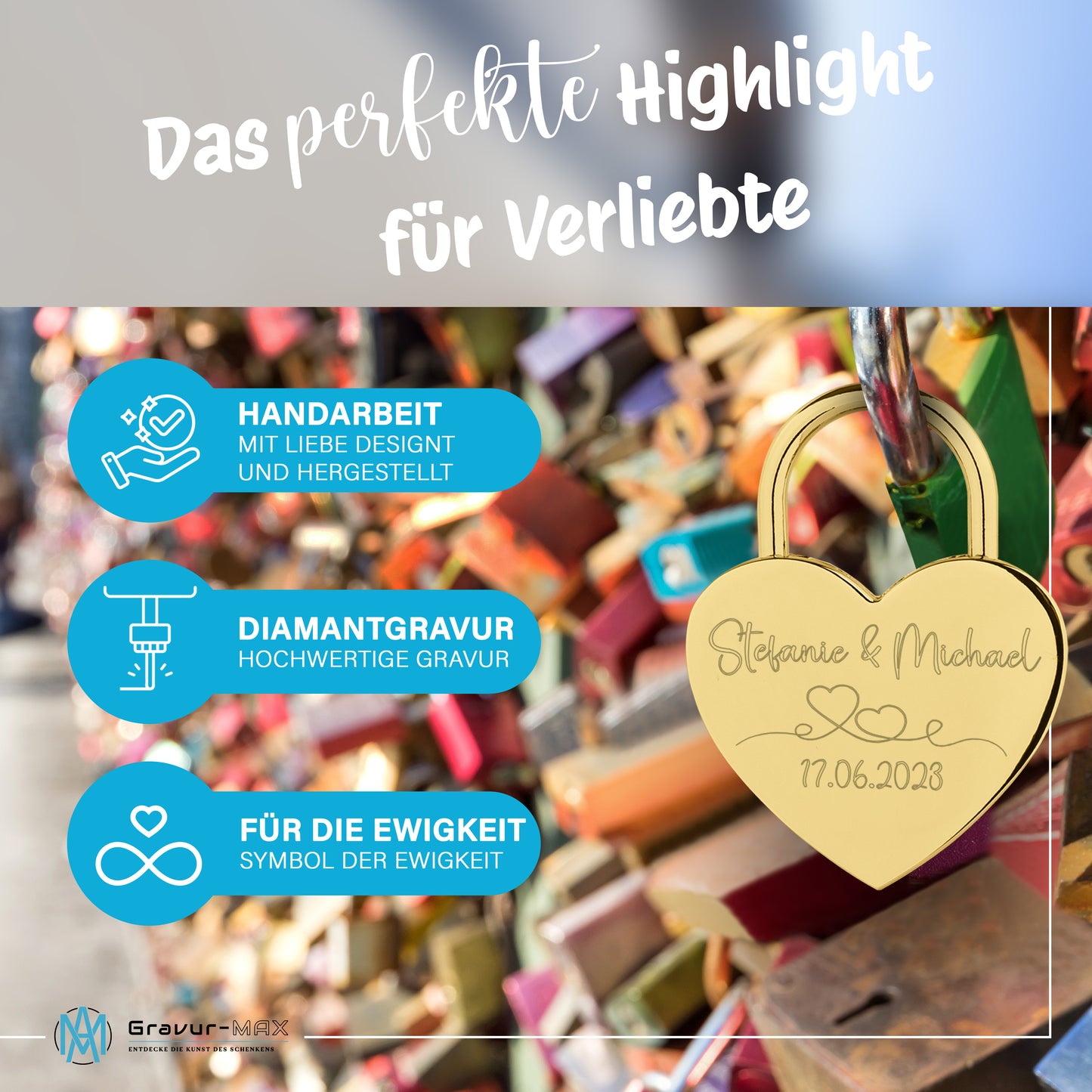 Herzschloss in Gold mit Gravur "Brautpaar" Liebesschloss personalisiert mit Wunschnamen in 4 ver. Farben