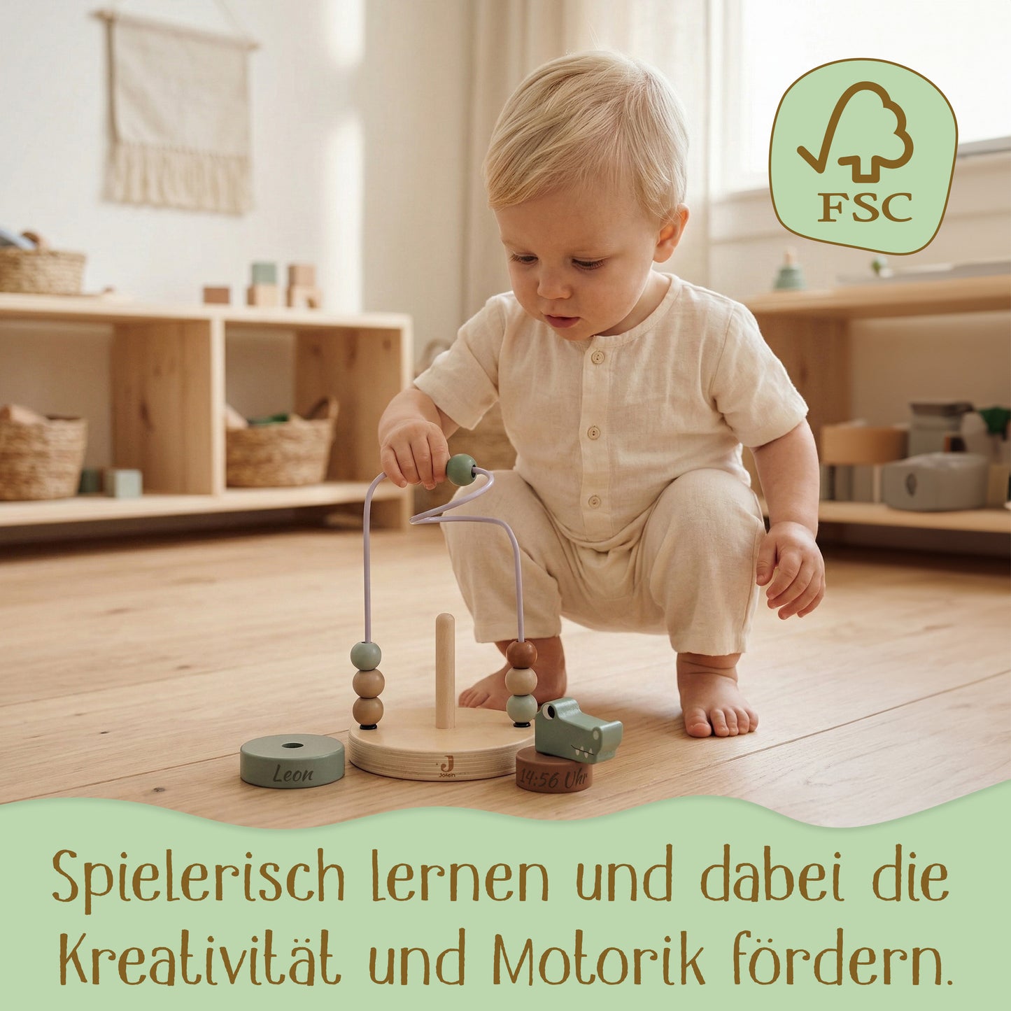 Jollein Aktivitätsspirale Kroko personalisierbar mit Name & Datum aus FSC-Holz - Motorikspielzeug - Babygeschenk zur Geburt oder Taufe