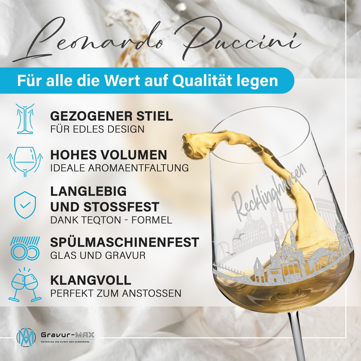 Weinglas mit Gravur Leonardo Puccini "SKYLINE RECKLINGHAUSEN" 2 Gläser optional mit Wunschname