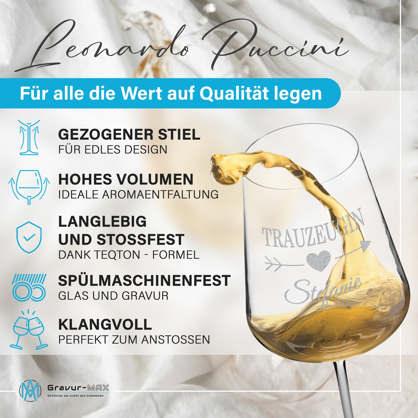 Weinglas mit Gravur Leonardo Puccini "TRAUZEUGIN" mit Wunschname