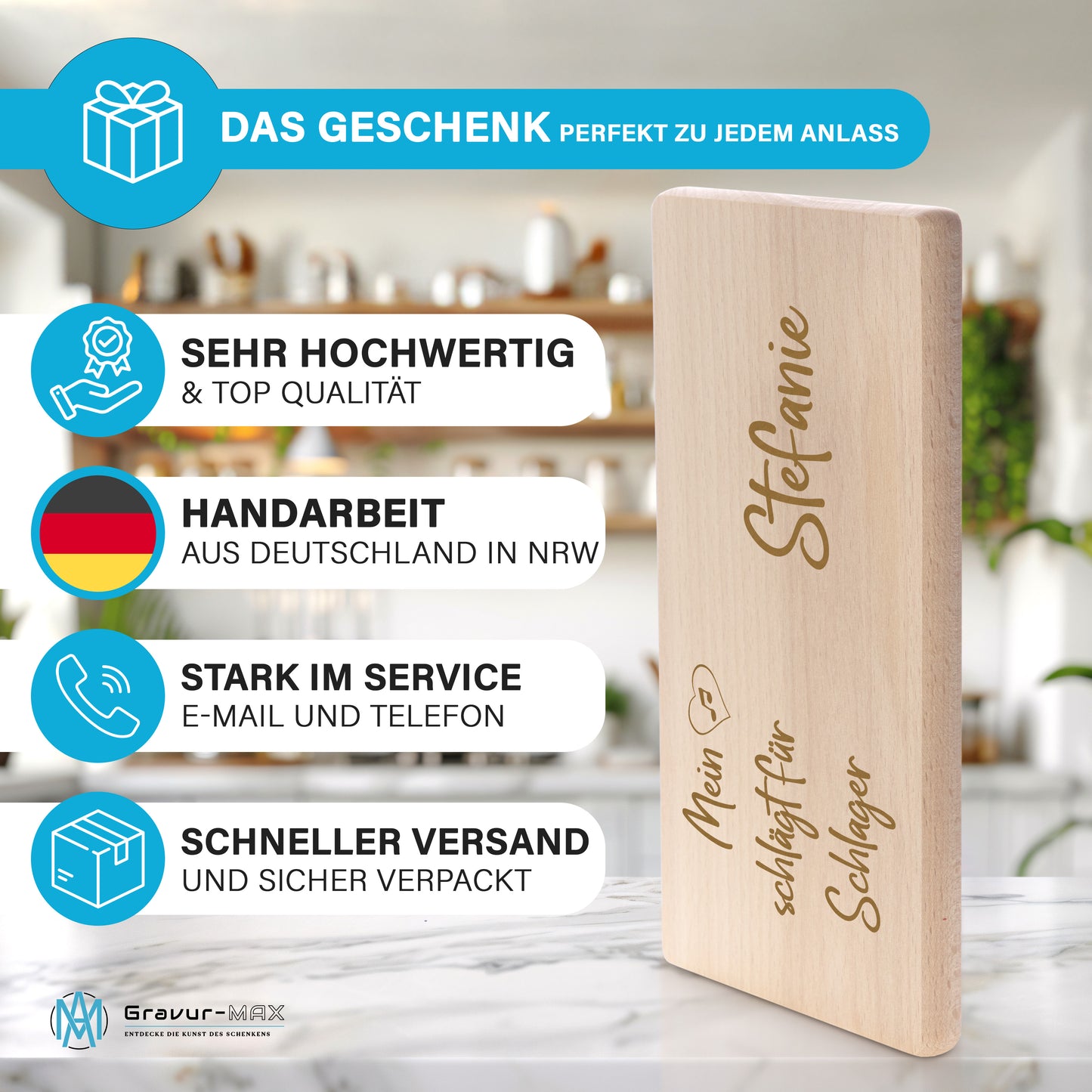Frühstücksbrettchen mit Gravur "MEIN HERZ SCHLÄGT FÜR SCHLAGER" mit Wunschname