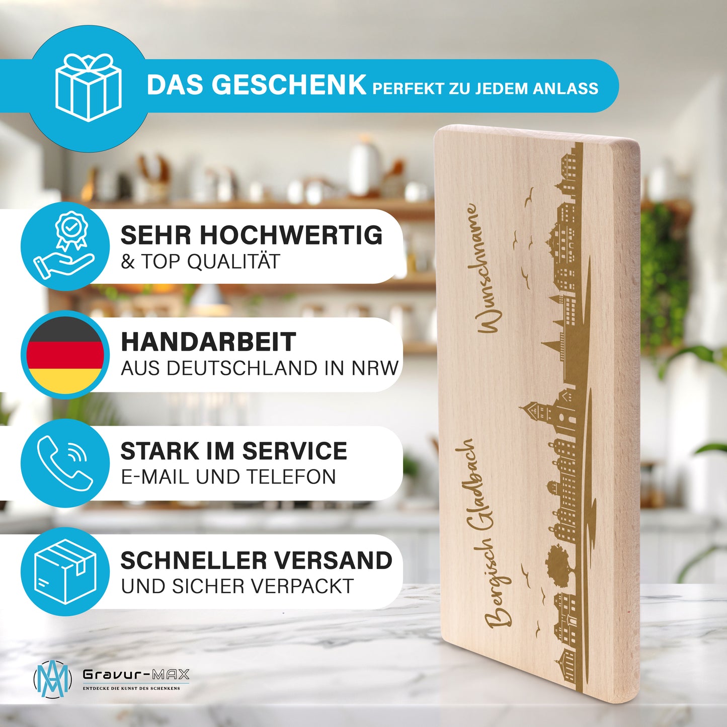Frühstücksbrettchen 220x120mm mit Gravur mit der Skyline von Bergisch Gladbach personalisierbar mit Wunschname