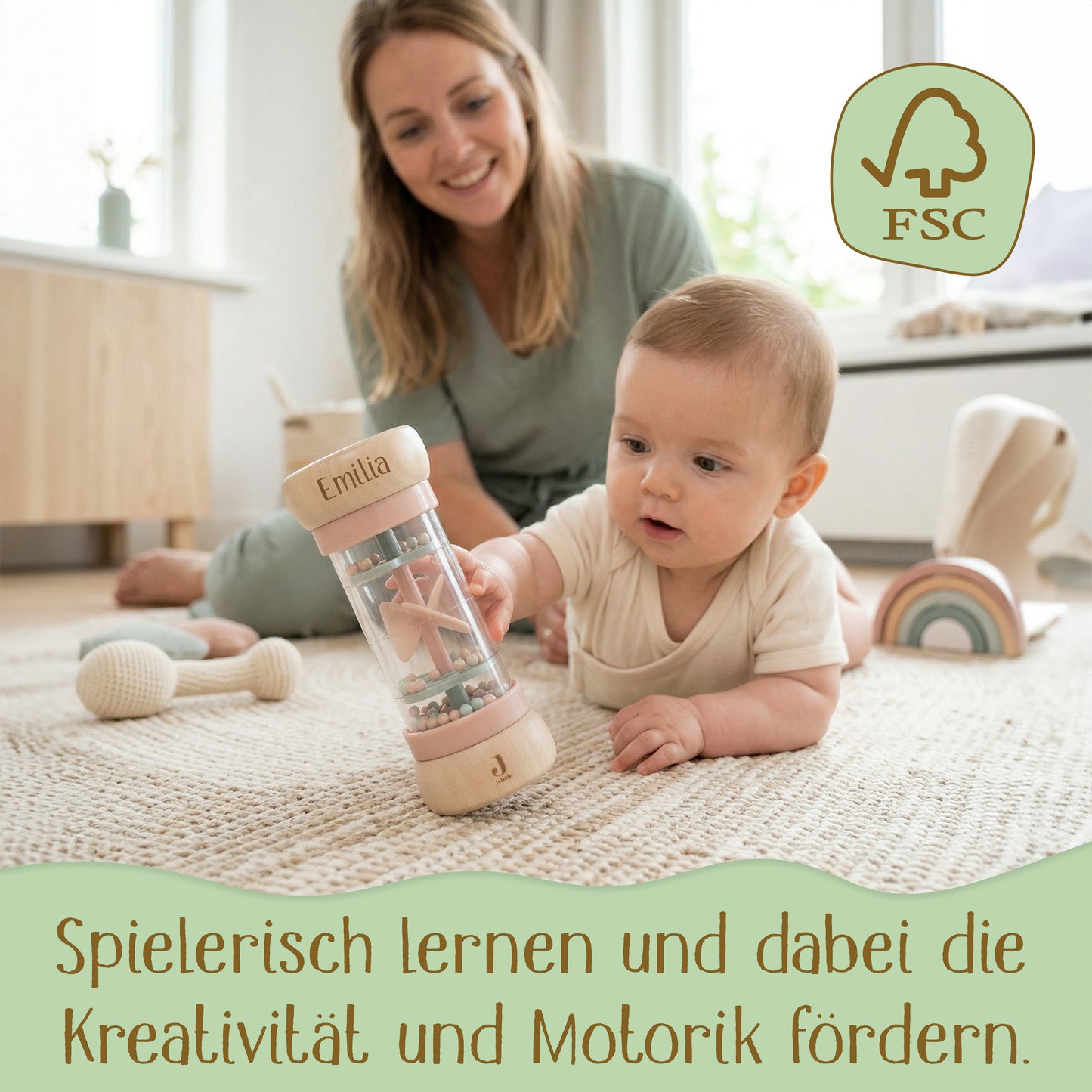 Jollein Regenmacher Rosa personalisierbar mit Name aus FSC-Holz - Babyrassel - Babygeschenk zur Geburt oder Taufe