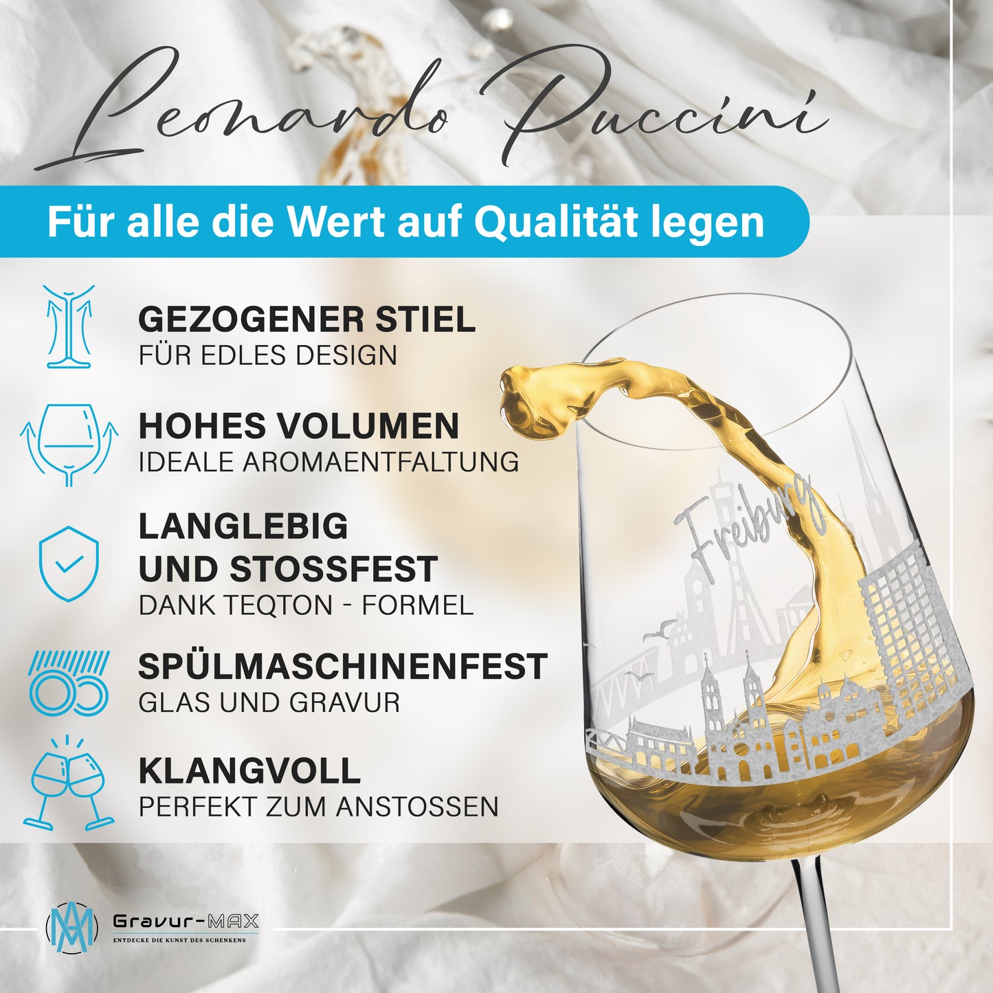Weinglas mit Gravur Leonardo Puccini "SKYLINE FREIBURG" optional mit Wunschname