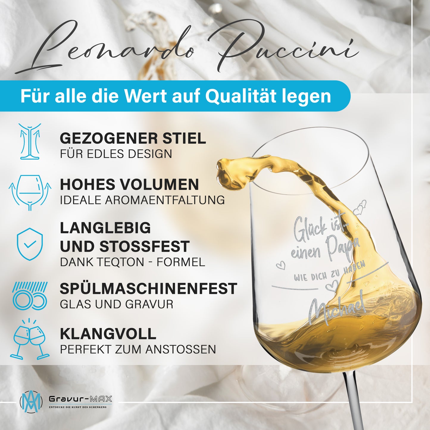 Weinglas mit Gravur Leonardo Puccini "GLÜCK IST EINEN PAPA WIE DICH ZU HABEN" inkl. Holzbox klein mit Wunschname