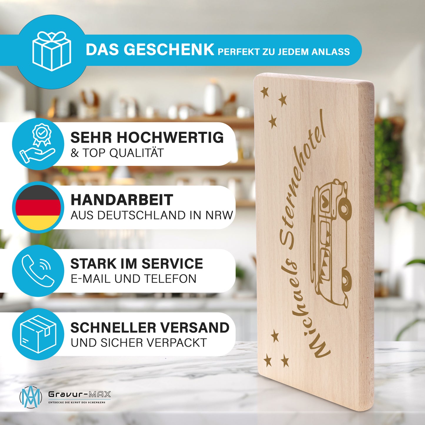 Frühstücksbrettchen mit Gravur Camping "BULLI STERNEHOTEL" mit Wunschname