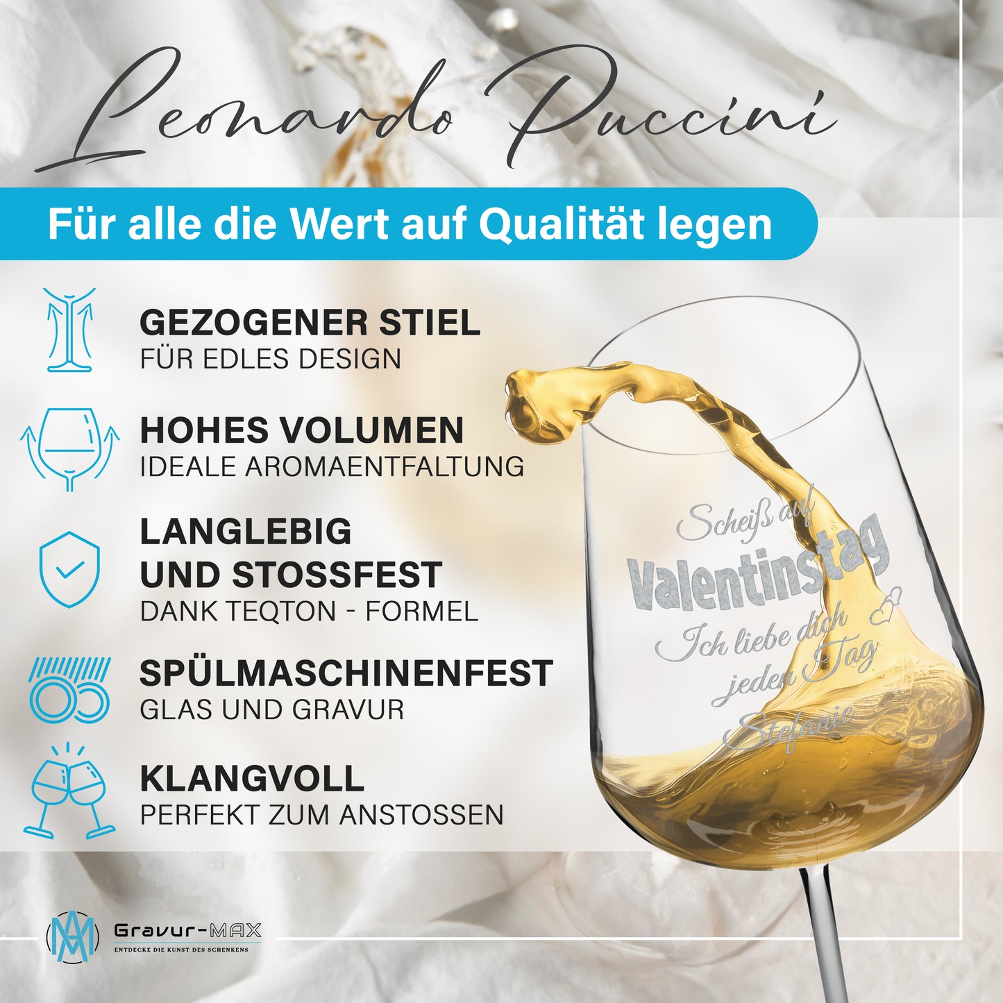 Weinglas mit Gravur Leonardo Puccini "SCHEIß AUF VALENTINSTAG ICH LIEBE DICH JEDEN TAG" 2 Gläser mit Wunschname