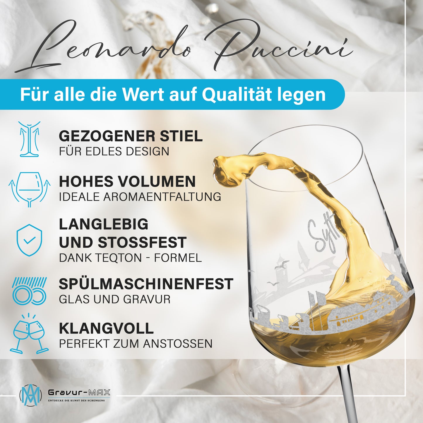 Weinglas mit Gravur Leonardo Puccini "SKYLINE SYLT" optional mit Wunschname