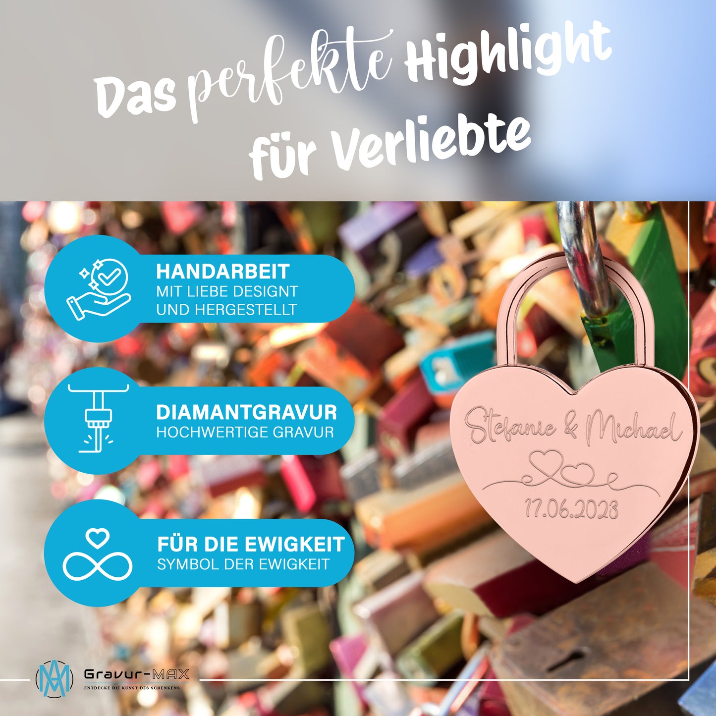 Herzschloss in Rose mit Gravur "Eheringe" Liebesschloss personalisiert mit Wunschnamen in 4 ver. Farben