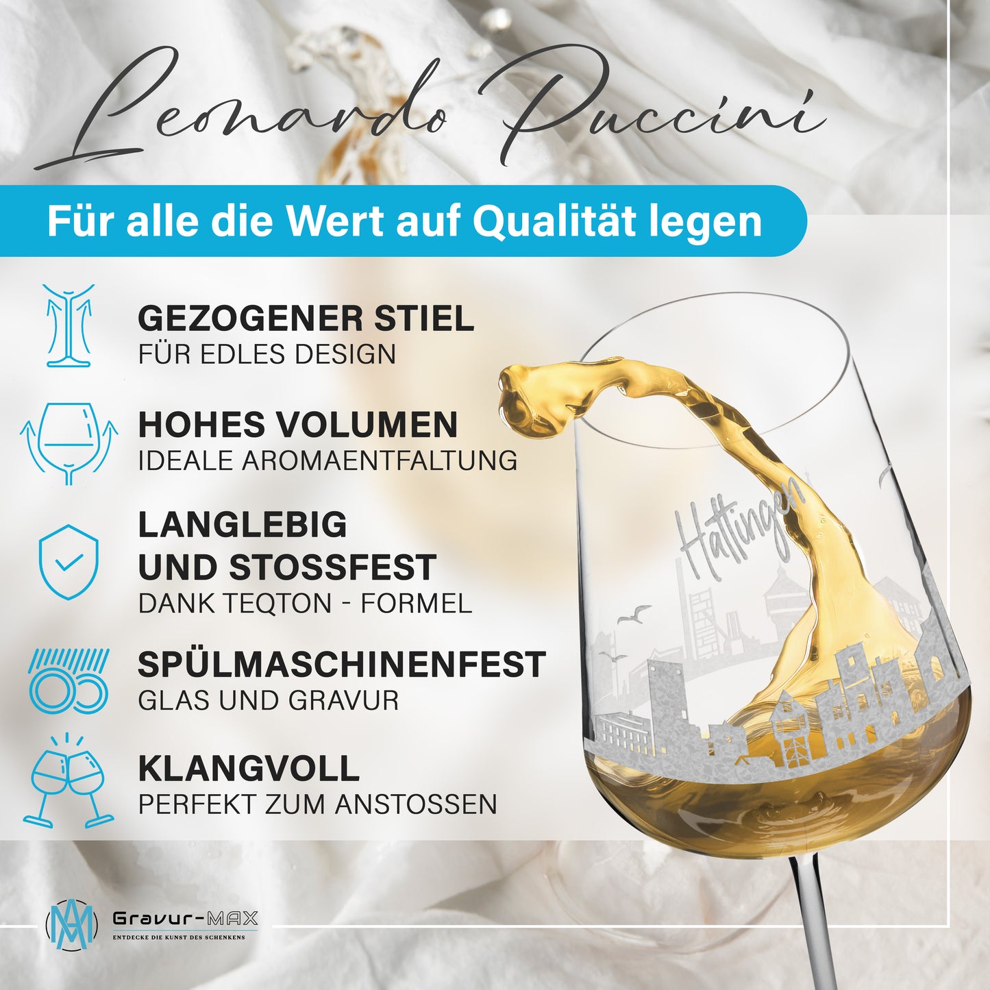 Weinglas mit Gravur Leonardo Puccini "SKYLINE HATTINGEN" 2 Gläser optional mit Wunschname