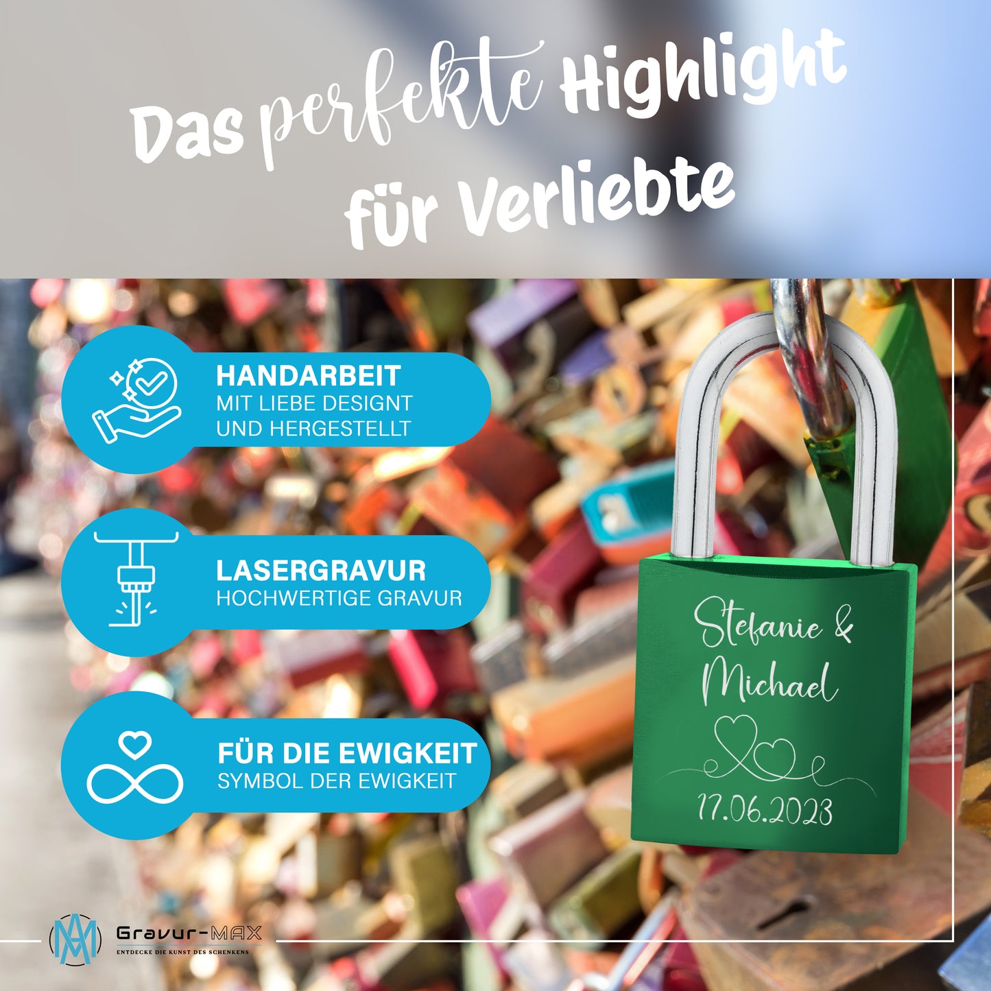 Liebesschloss in Grün mit Gravur "Herzranke" personalisiert mit Wunschnamen in 6 ver. Farben