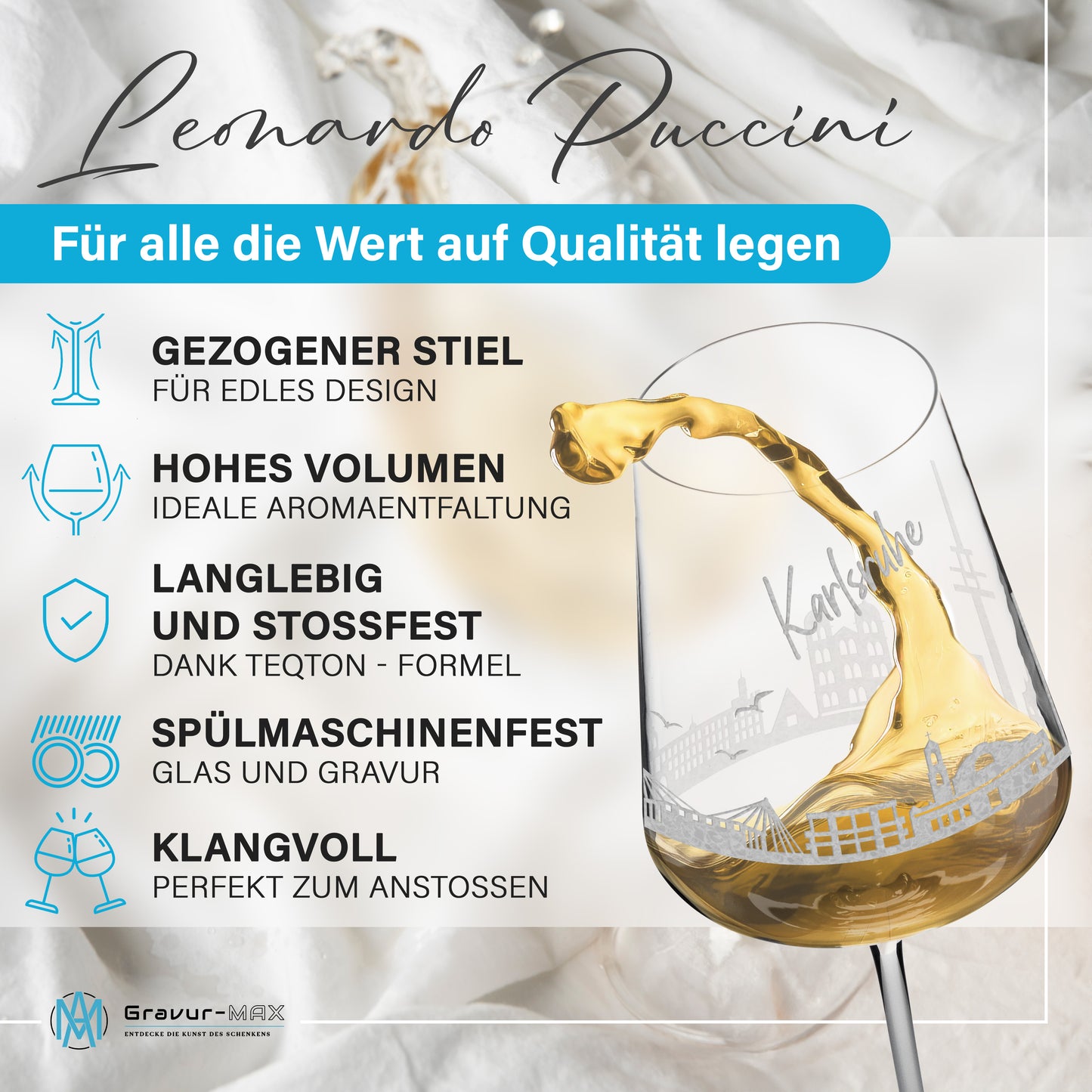 Weinglas mit Gravur Leonardo Puccini "SKYLINE KARLSRUHE" optional mit Wunschname