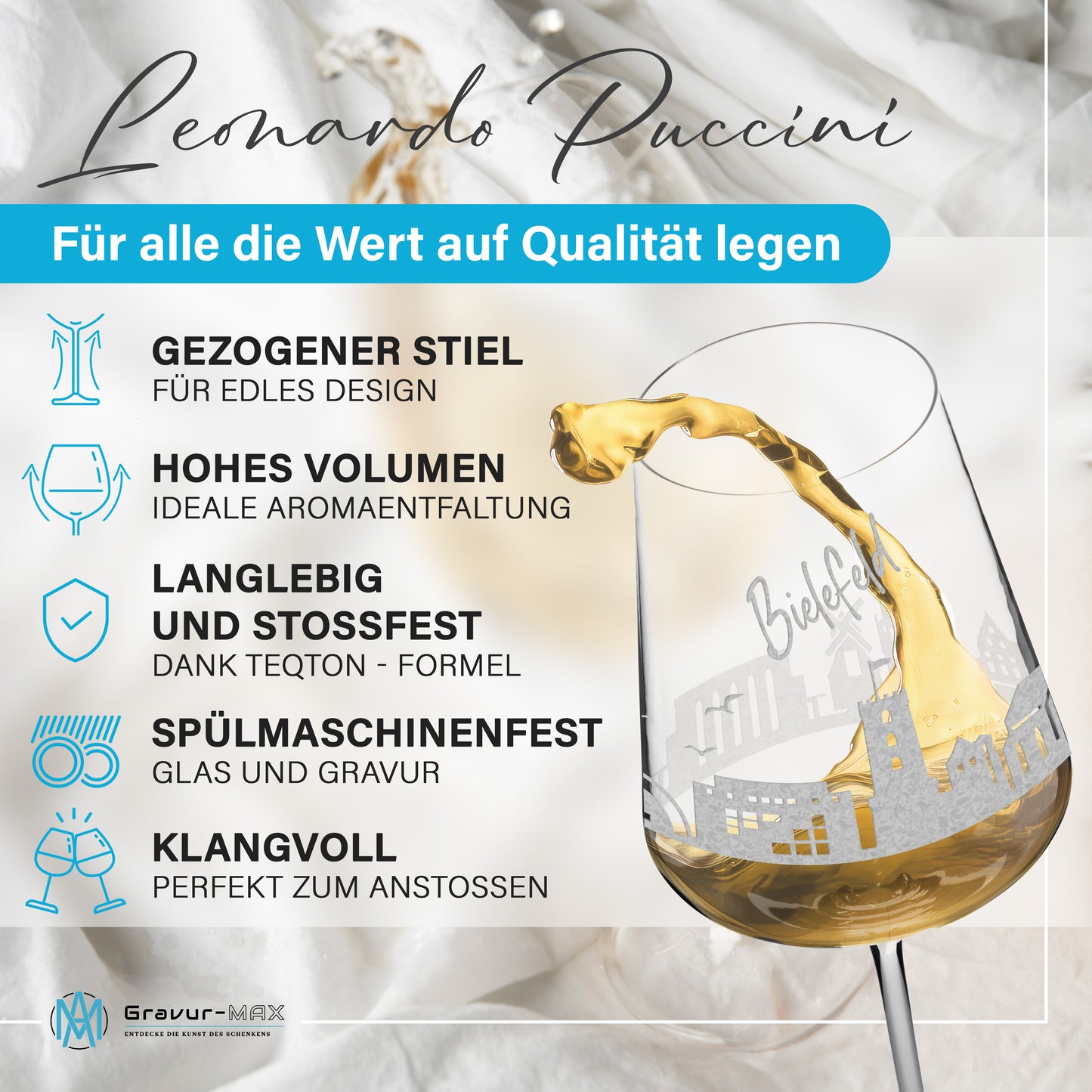 Weinglas mit Gravur Leonardo Puccini "SKYLINE BIELEFELD" 2 Gläser optional mit Wunschname