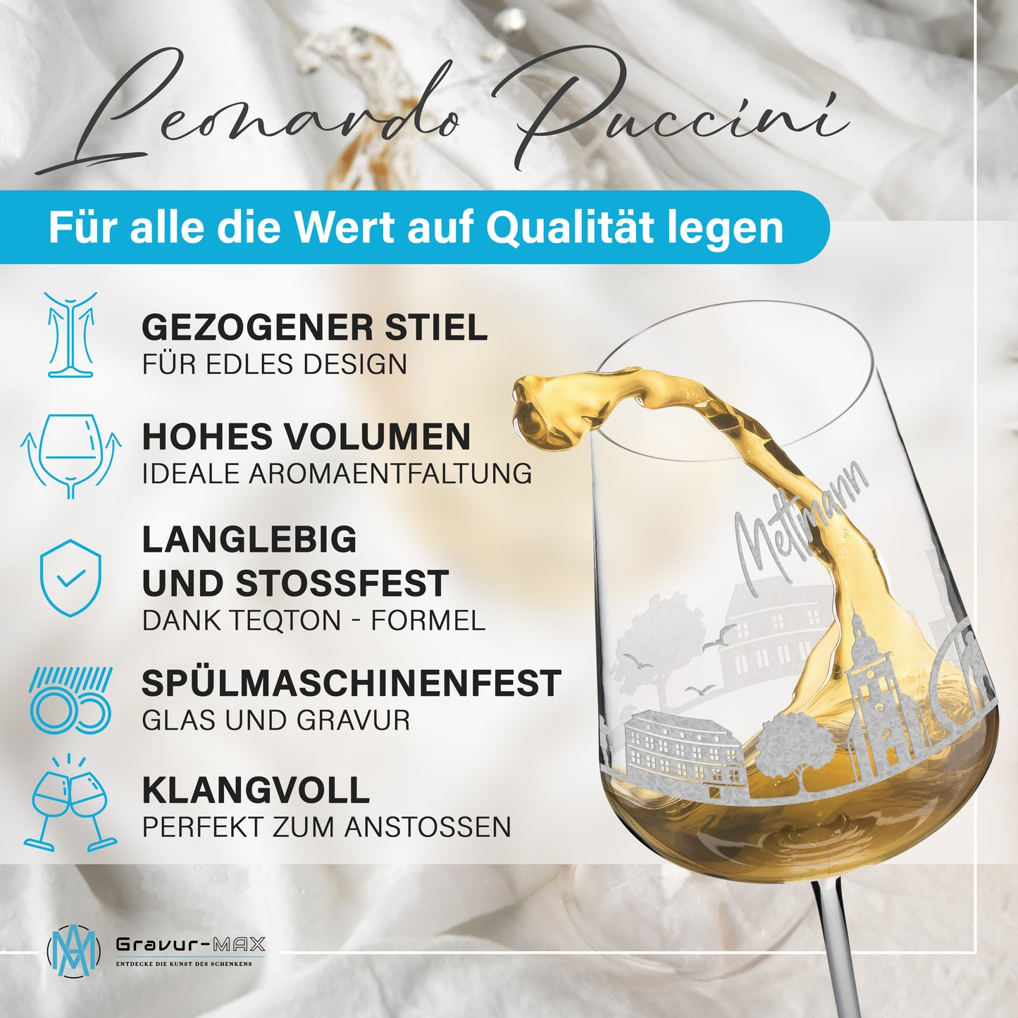 Weinglas mit Gravur Leonardo Puccini "SKYLINE METTMANN" optional mit Wunschname