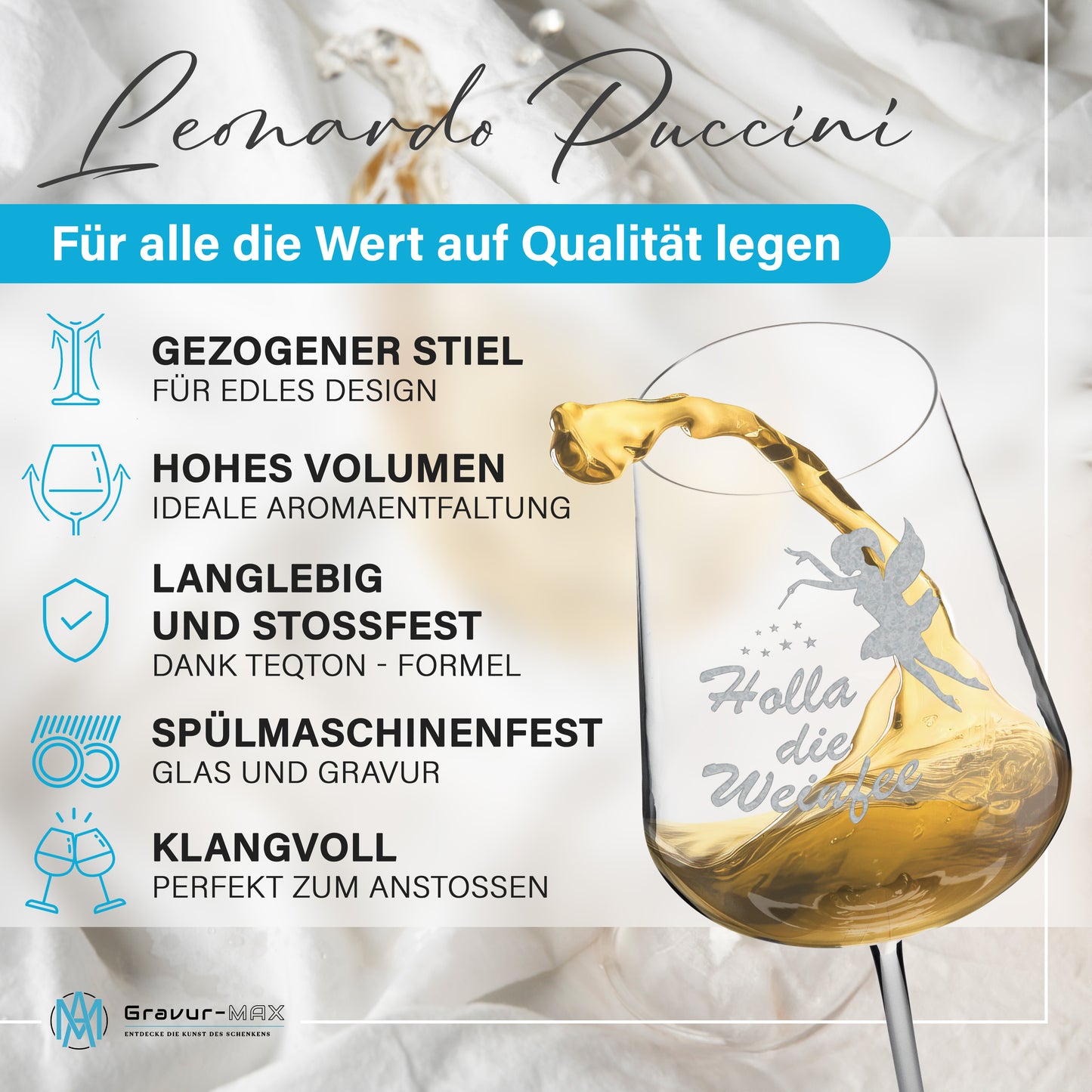 Weinglas mit Gravur Leonardo Puccini "HOLLA DIE WEINFEE"