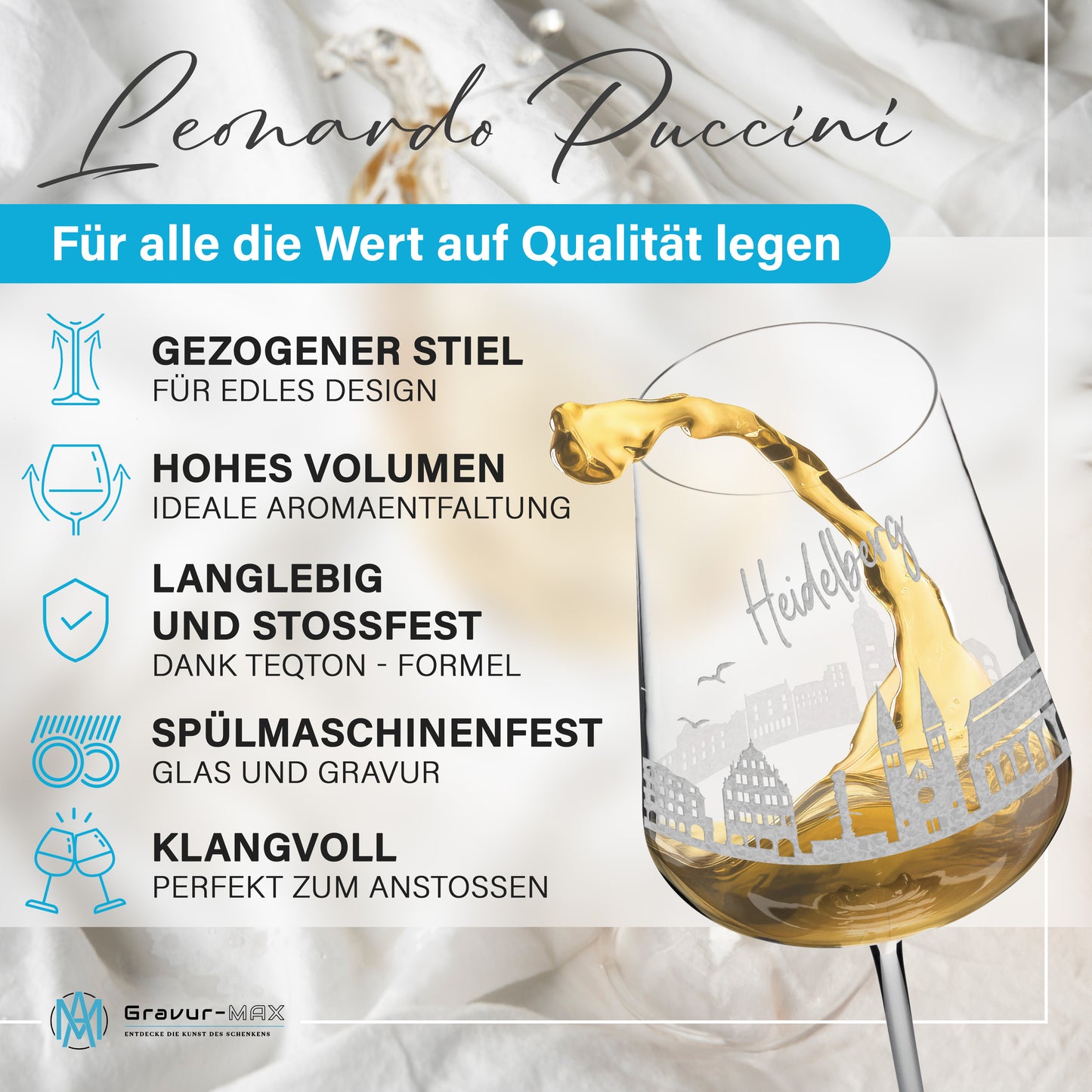Weinglas mit Gravur Leonardo Puccini "SKYLINE HEIDELBERG" optional mit Wunschname