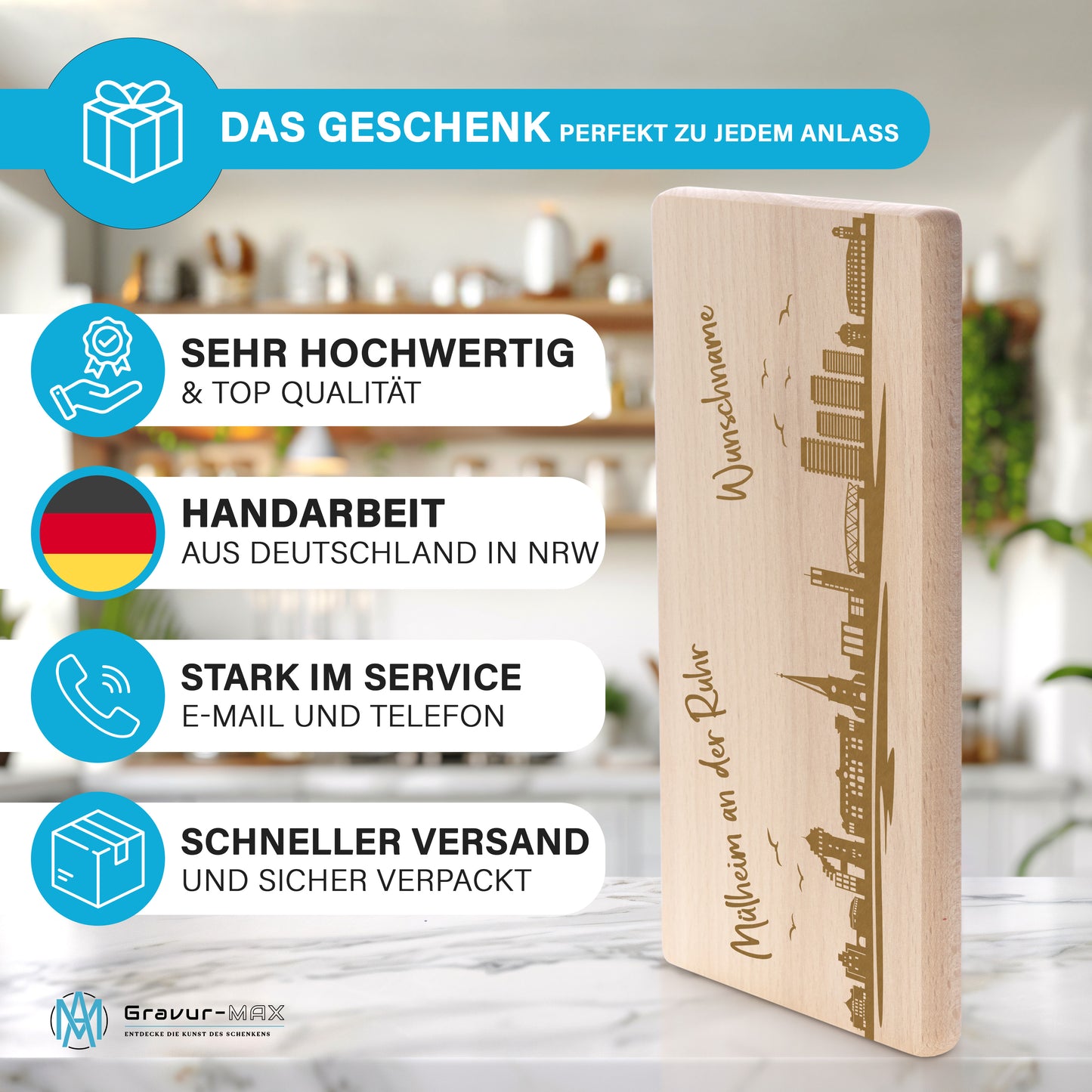 Frühstücksbrettchen 220x120mm mit Gravur mit der Skyline von Mülheim an der Ruhr personalisierbar mit Wunschname