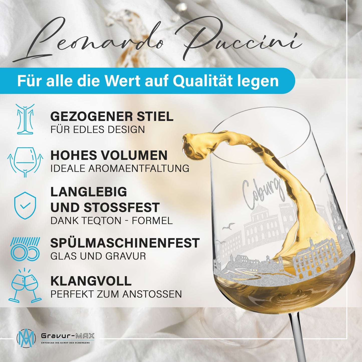 Weinglas mit Gravur Leonardo Puccini "SKYLINE COBURG" optional mit Wunschname