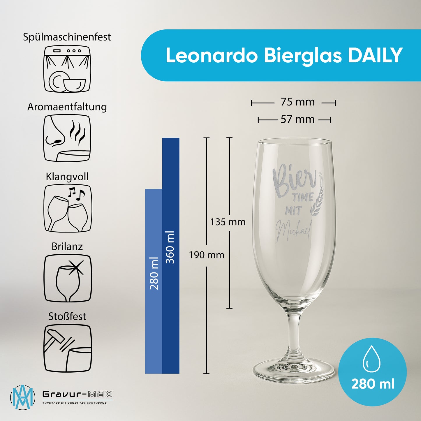 Bierglas mit Gravur Leonardo Daily Pilsglas "Bier time mit" 2 Gläser mit Wunschname