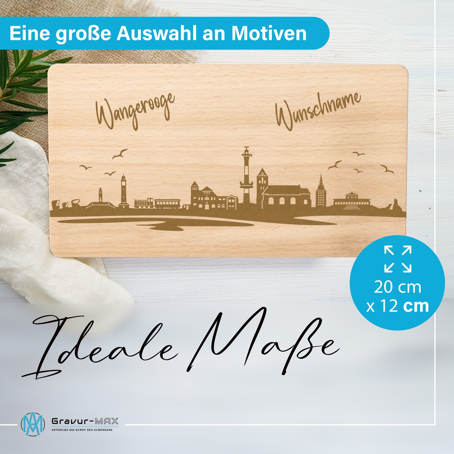 Frühstücksbrettchen 220x120mm mit Gravur mit der Skyline von Wangerooge personalisierbar mit Wunschname