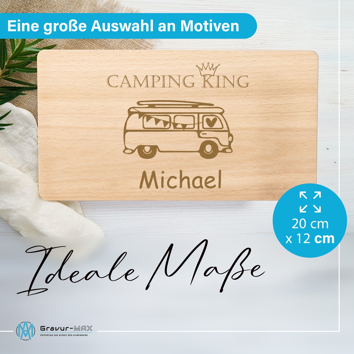 Frühstücksbrettchen mit Gravur Camping "BULLI CAMPING KING" mit Wunschname