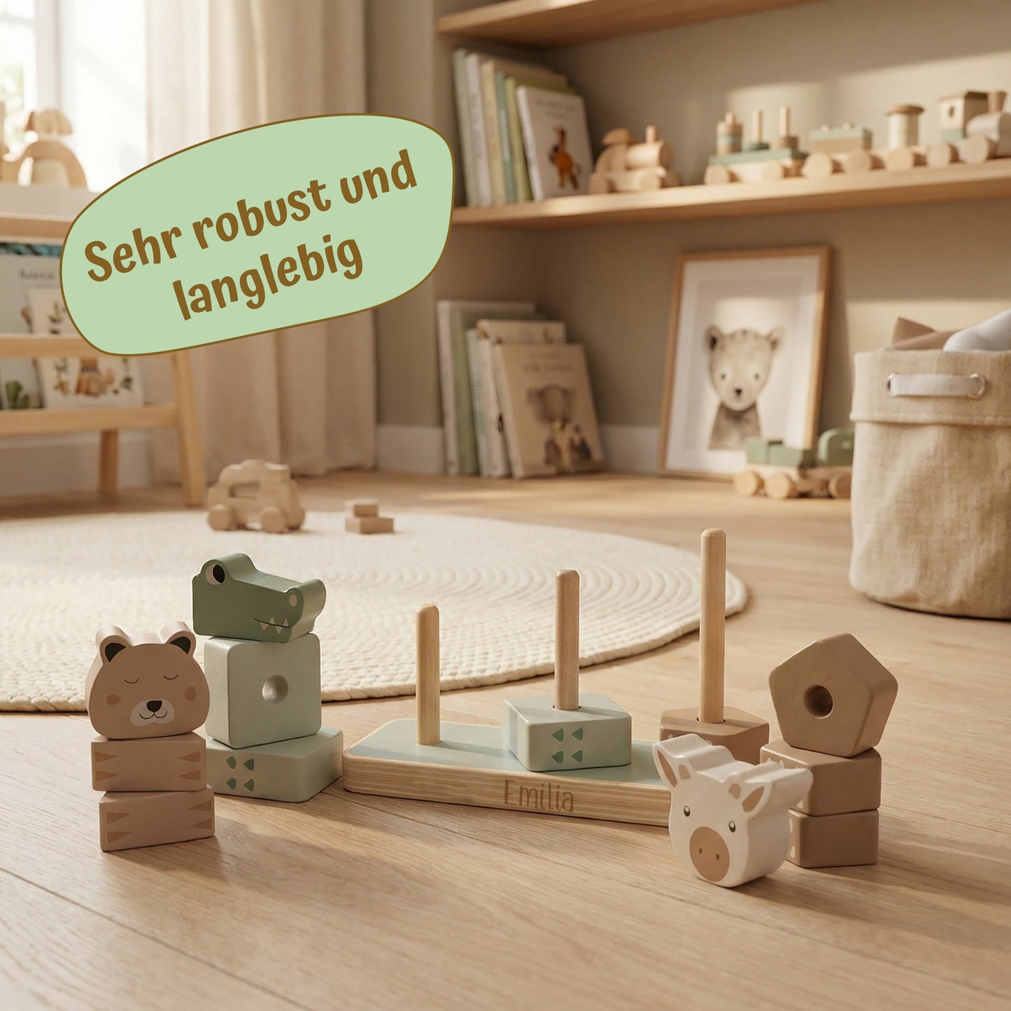 Jollein Stapelturm personalisierbar mit Name & Datum aus FSC-Holz - Babygeschenk zur Geburt oder Taufe