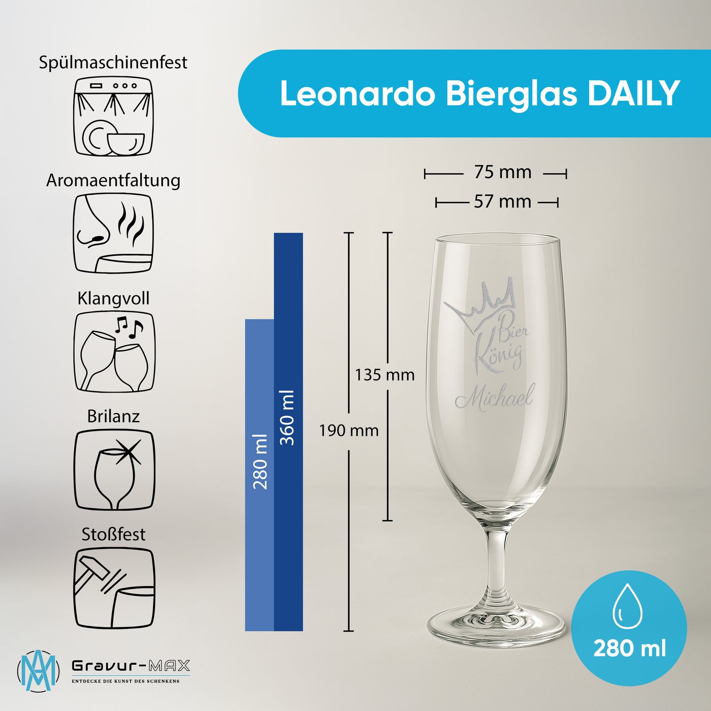 Bierglas mit Gravur Leonardo Daily Pilsglas "Bier König" mit Wunschname