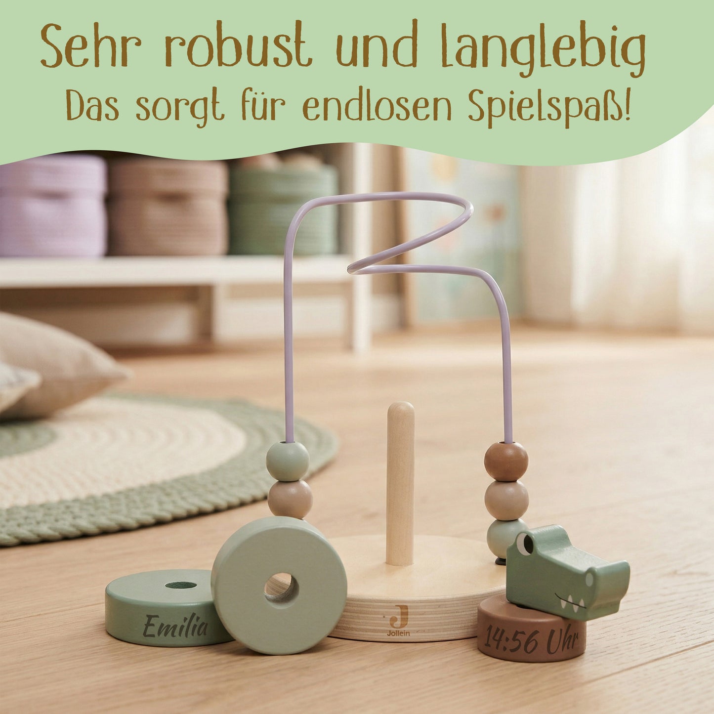 Jollein Aktivitätsspirale Kroko personalisierbar mit Name & Datum aus FSC-Holz - Motorikspielzeug - Babygeschenk zur Geburt oder Taufe