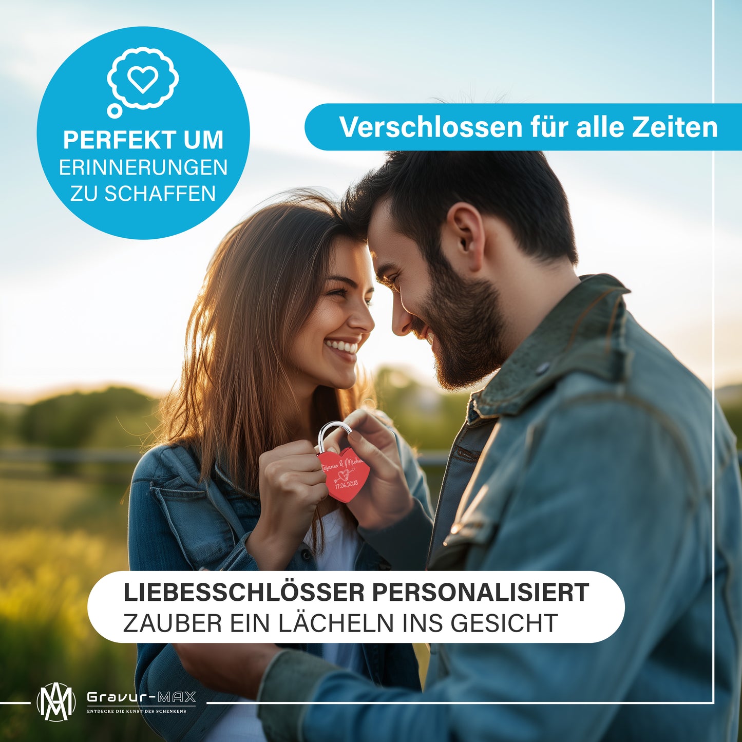 Herzschloss in Rot mit Gravur "Liebestauben" Liebesschloss personalisiert mit Wunschnamen in 4 ver. Farben