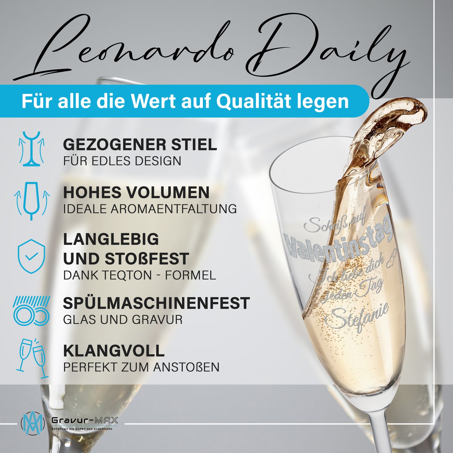 Sektglas mit Gravur Leonardo Daily "SCHEIß AUF VALENTINSTAG ICH LIEBE DICH JEDEN TAG" mit Wunschname