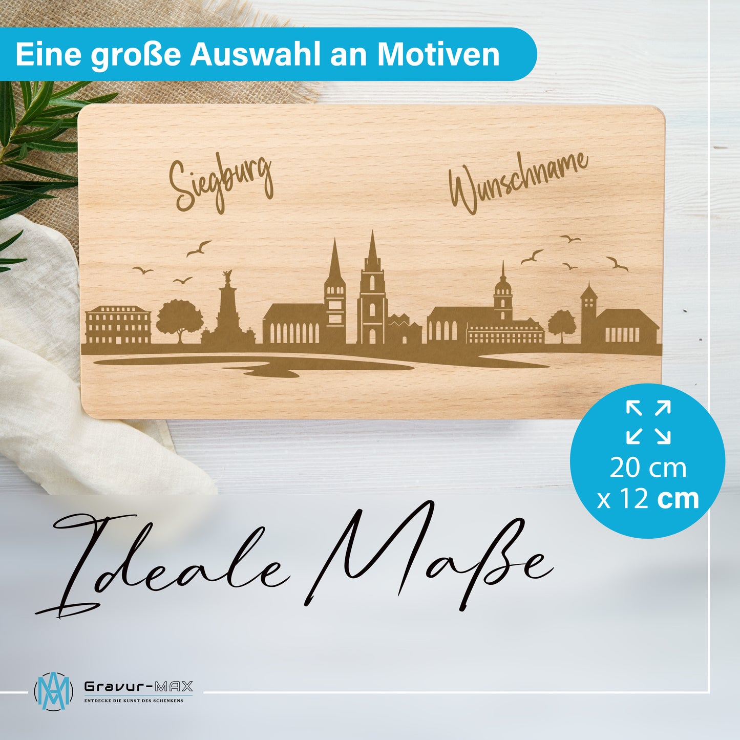 Frühstücksbrettchen 220x120mm mit Gravur mit der Skyline von Siegburg personalisierbar mit Wunschname
