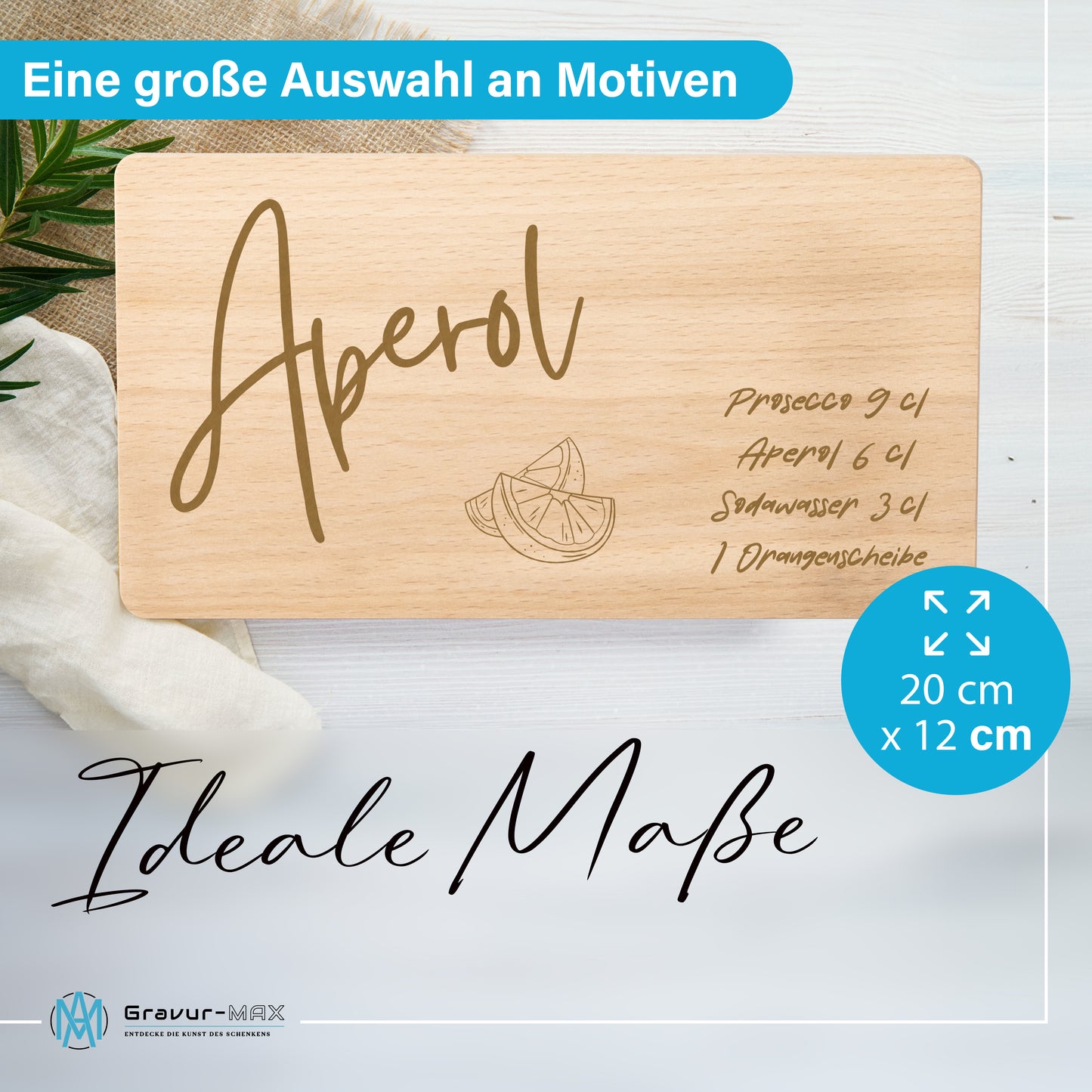 Schneidebrett 220x120mm mit Gravur "Aperol Motiv mit Rezept"