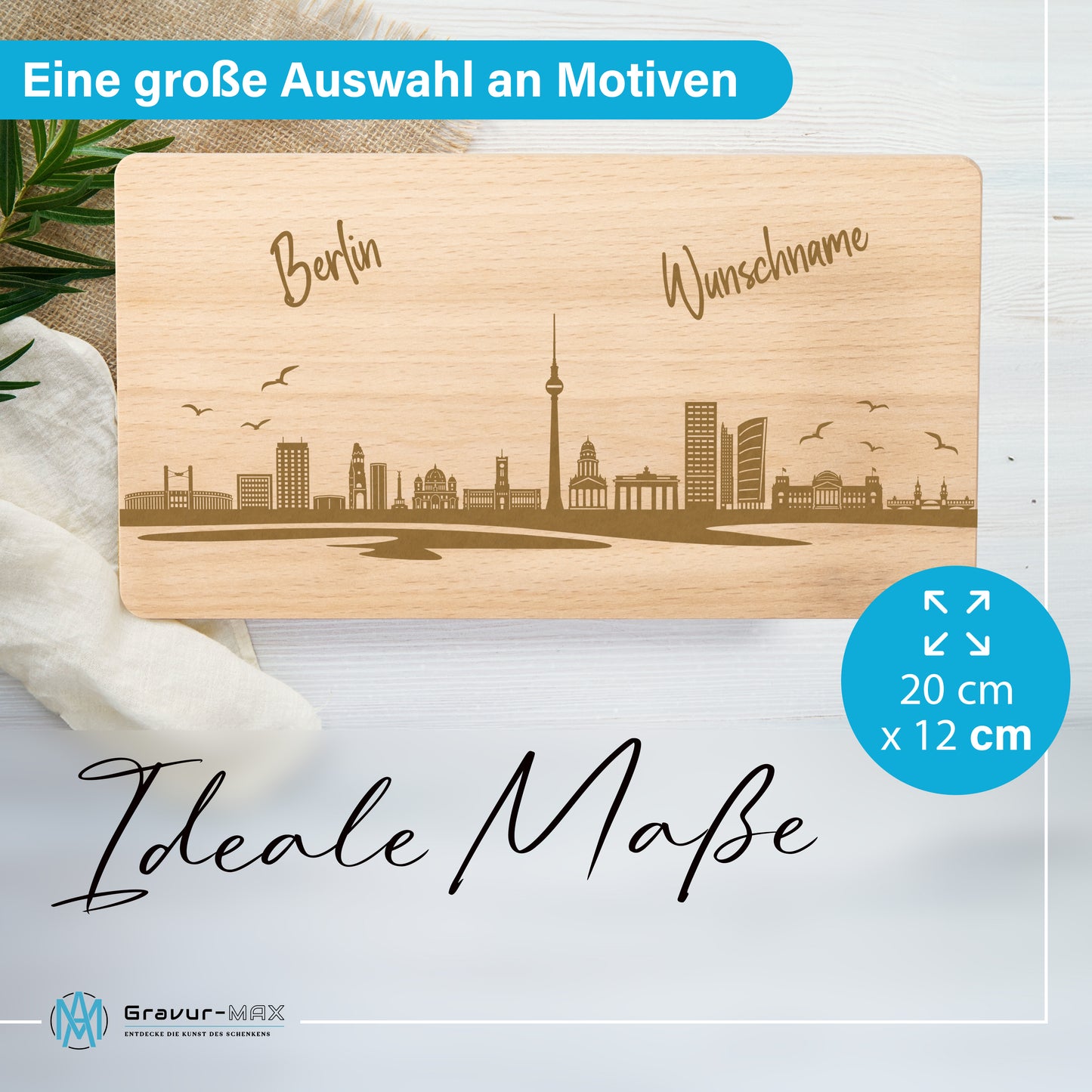 Frühstücksbrettchen 220x120mm mit Gravur mit der Skyline von Berlin personalisierbar mit Wunschname