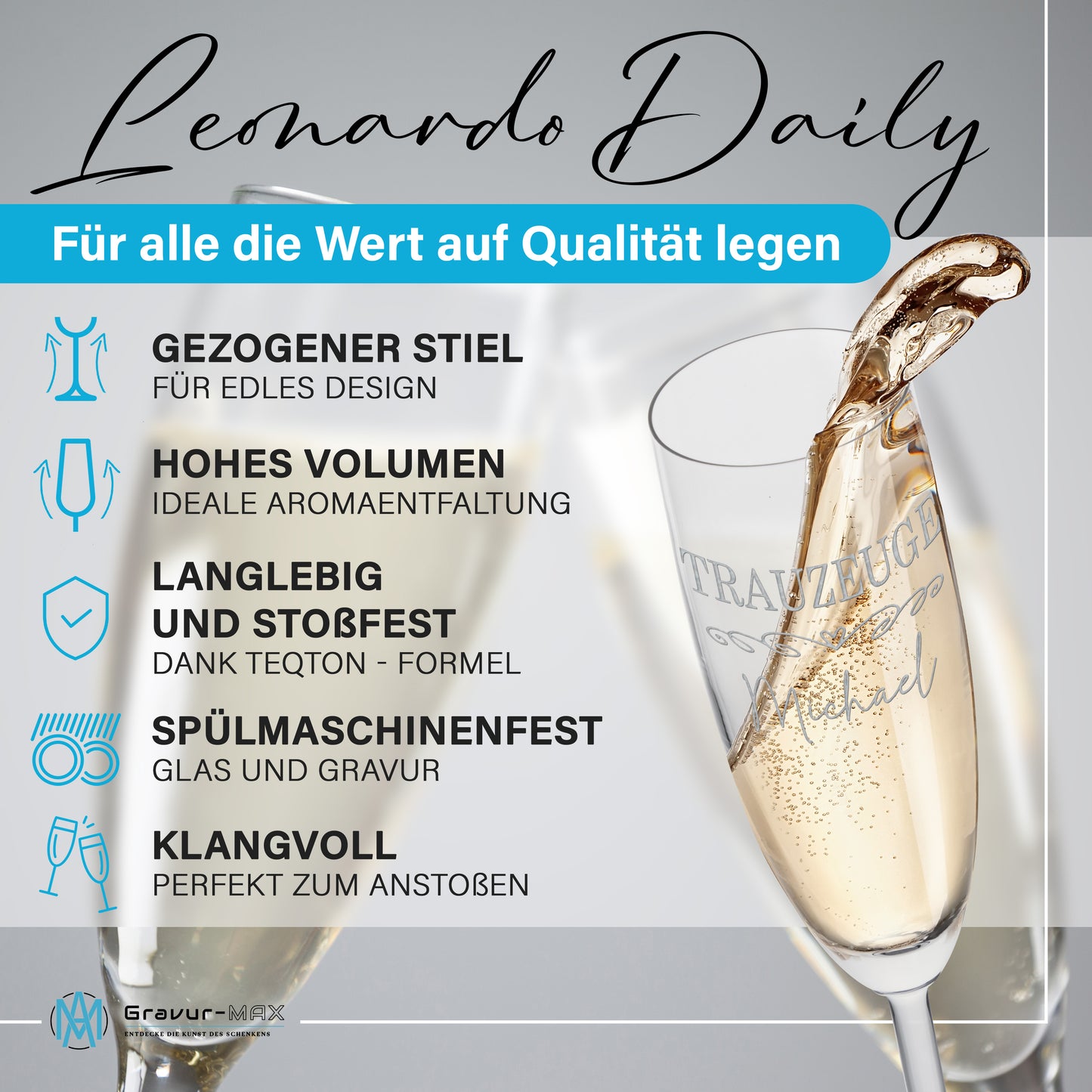 Sektglas mit Gravur Leonardo Daily "DEINE WUNSCHNAMEN oder TEXT MIT HERZRANKE2" 2 Gläser mit Wunschname