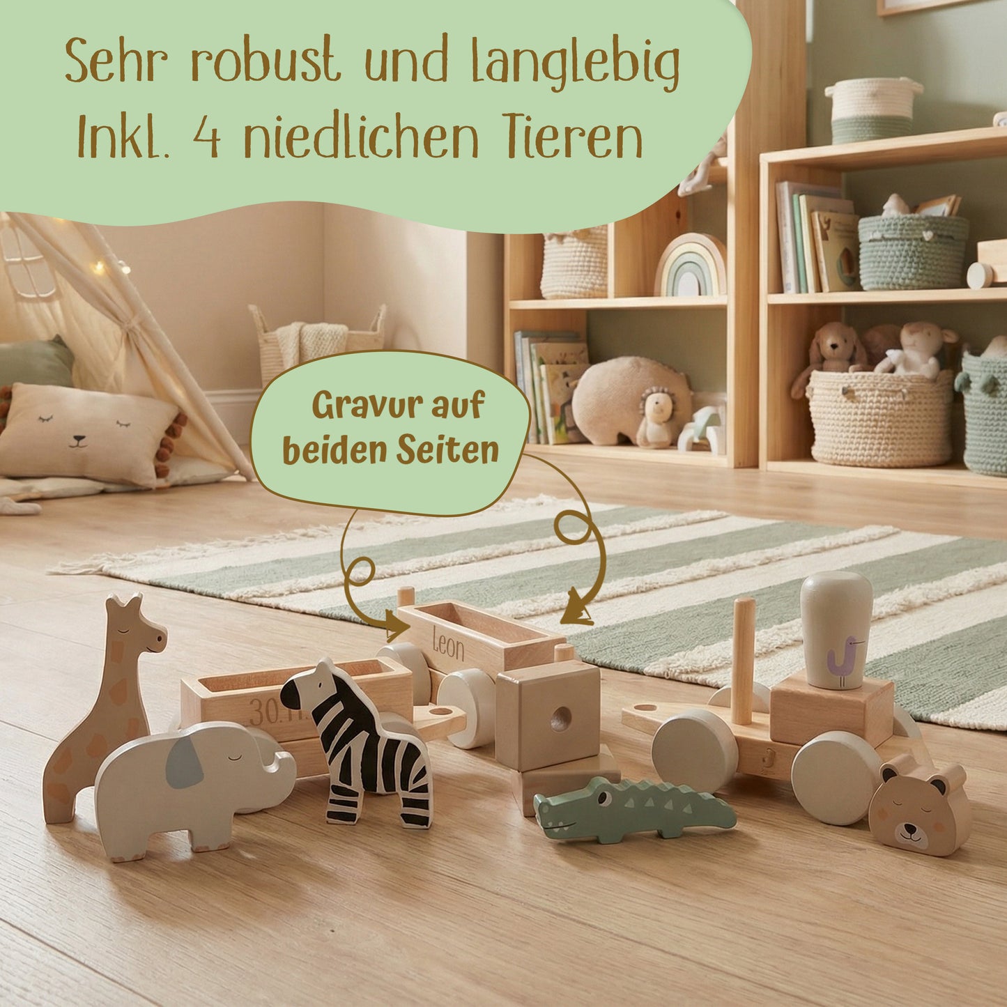 Jollein Holzzug personalisierbar mit Name & Datum aus FSC-Holz - tolle Holzeisenbahn