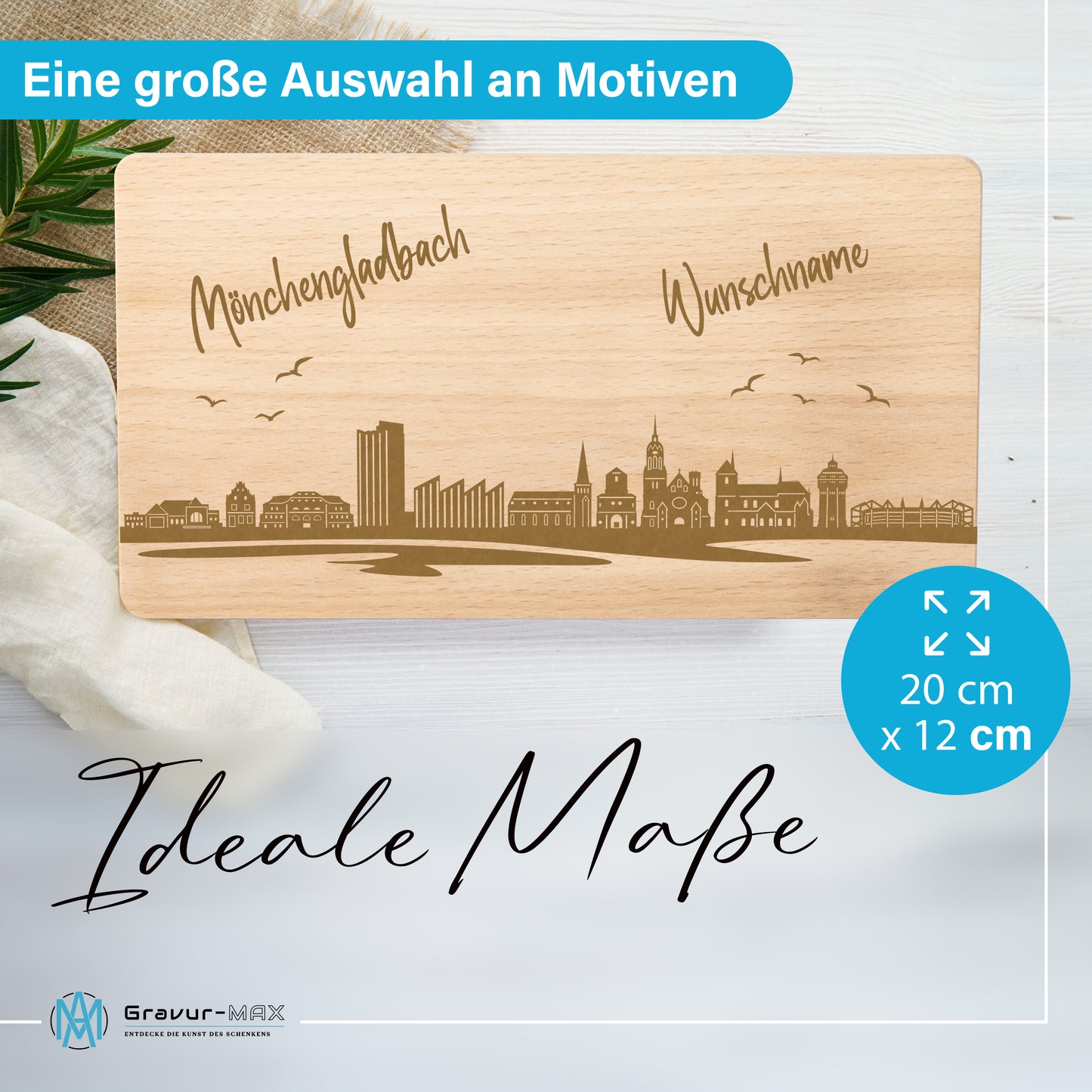 Frühstücksbrettchen 220x120mm mit Gravur mit der Skyline von Mönchengladbach personalisierbar mit Wunschname
