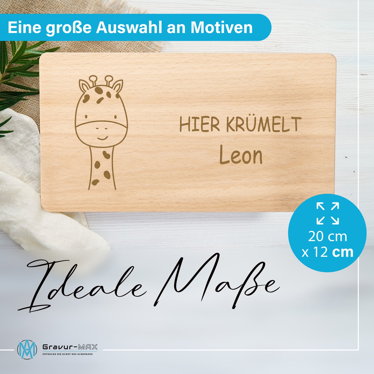 Frühstücksbrettchen 220x120mm mit Gravur "HIER KRÜMELT" niedliche Giraffe und Wunschname