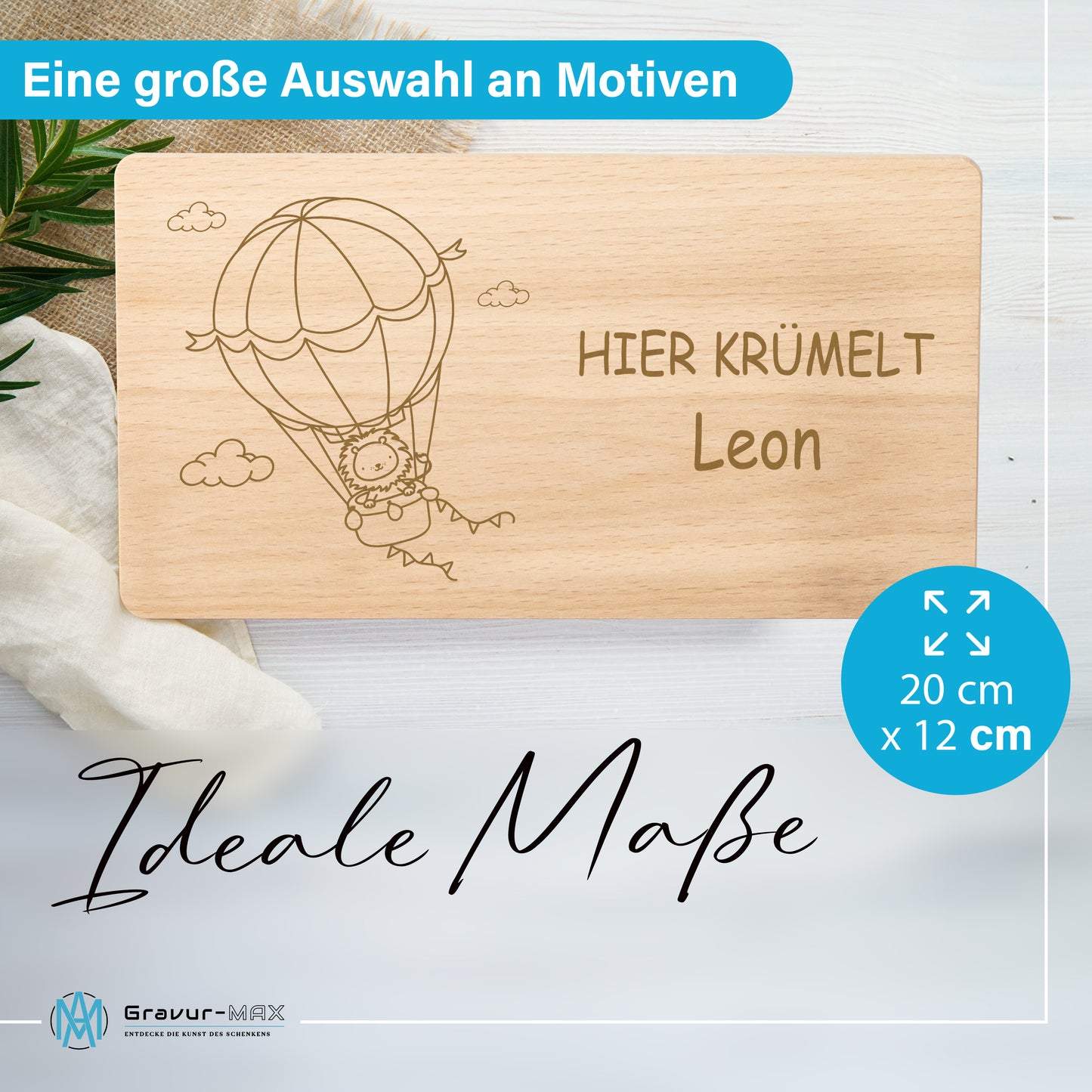 Frühstücksbrettchen 220x120mm mit Gravur "HIER KRÜMELT" Ballon mit Löwe und Wunschname