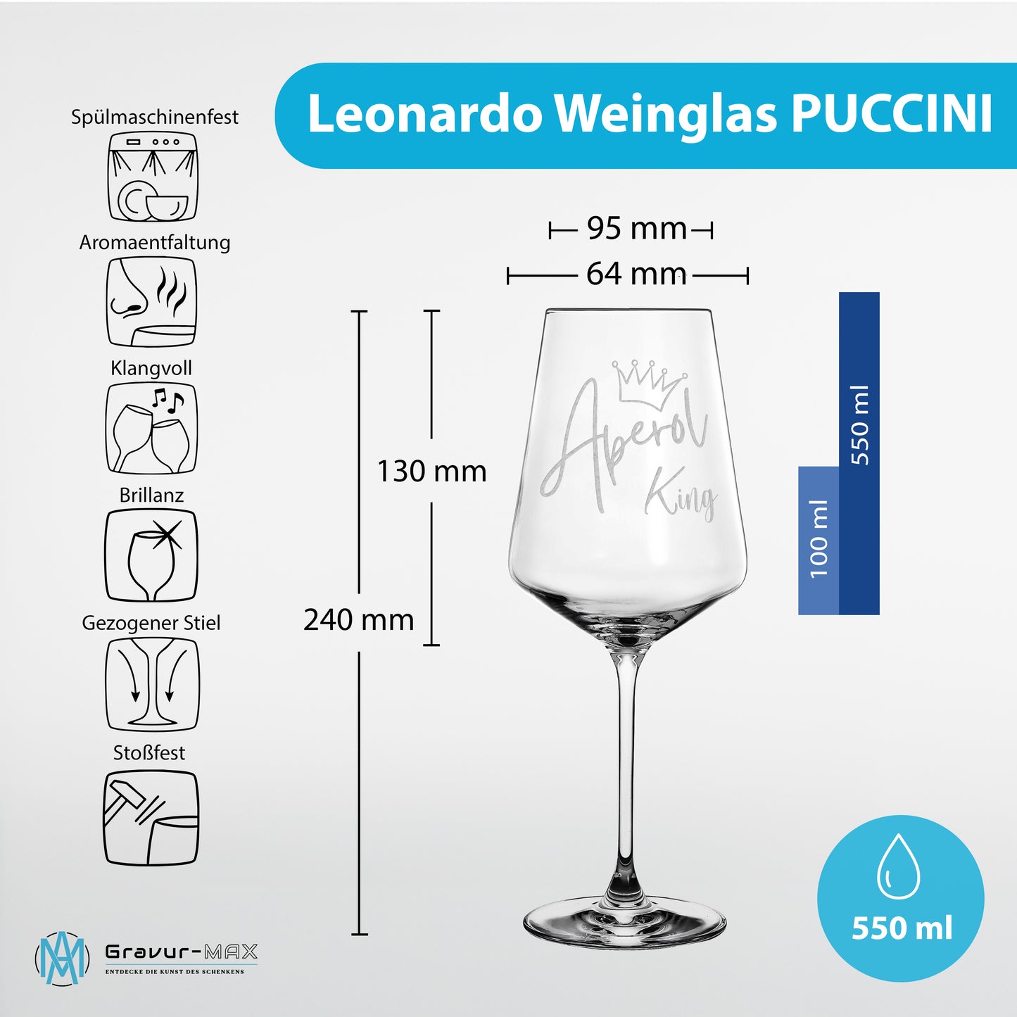 Weinglas mit Gravur Leonardo Puccini "APEROL King"