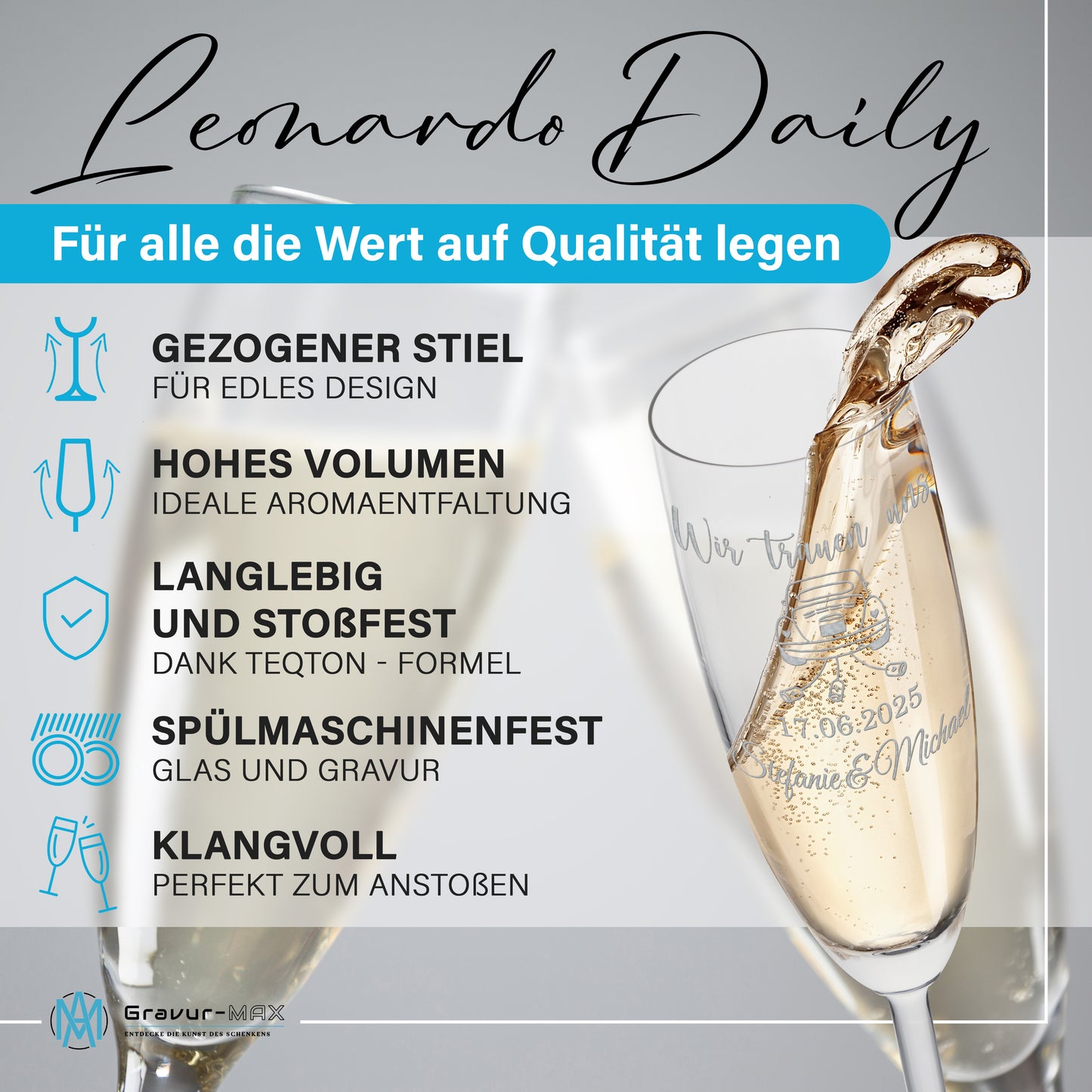 Sektglas mit Gravur Leonardo Daily "WIR TRAUEN UNS" Motiv Auto 2 Gläser mit Wunschname & Datum