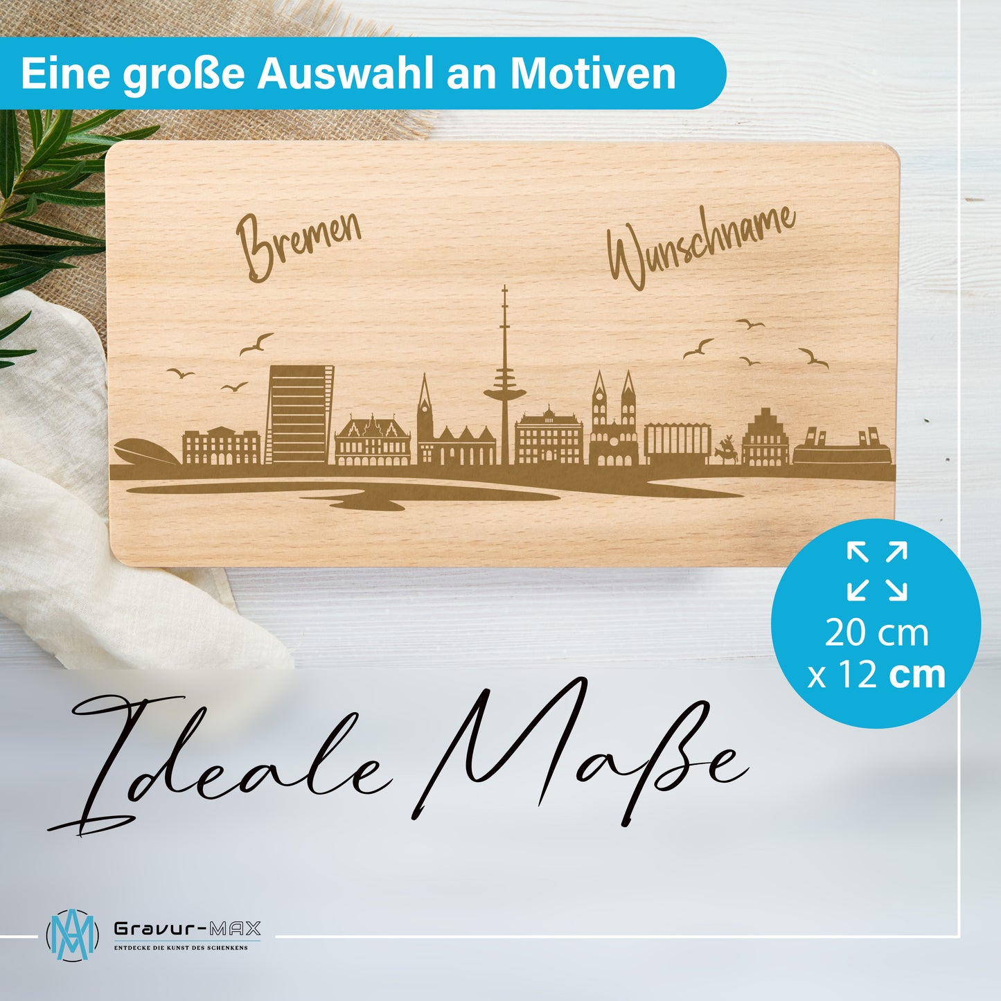 Frühstücksbrettchen 220x120mm mit Gravur mit der Skyline von Bremen personalisierbar mit Wunschname