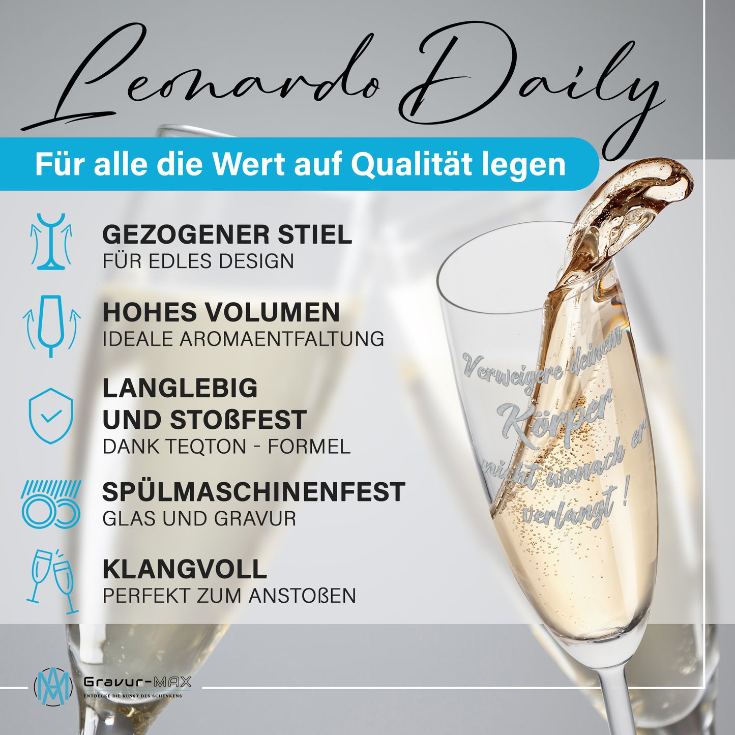 Sektglas mit Gravur Leonardo Daily "VERWEIGERE DEINEM KÖRPER NICHT ..."