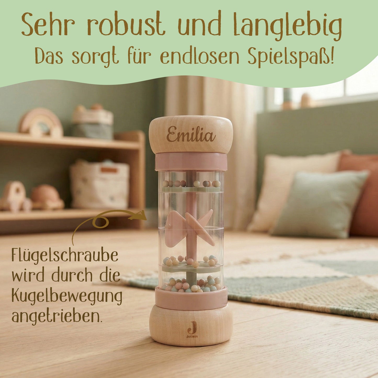 Jollein Regenmacher Rosa personalisierbar mit Name aus FSC-Holz - Babyrassel - Babygeschenk zur Geburt oder Taufe